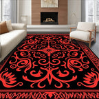 Red Floral Scrollwork Black Rug