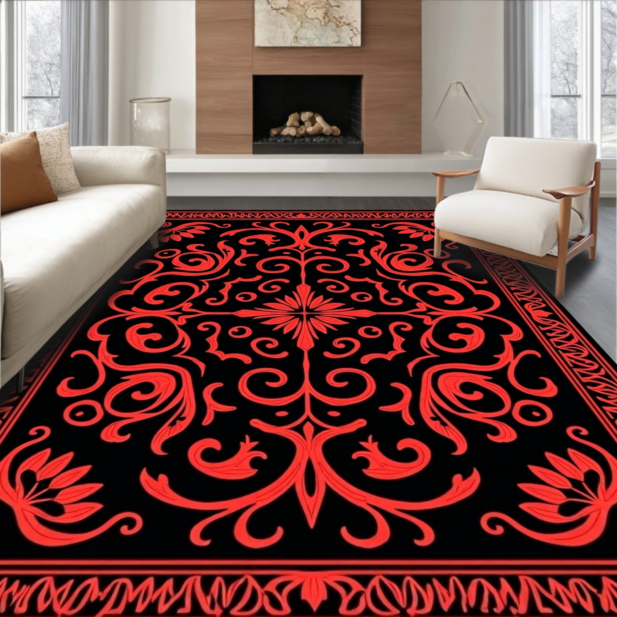 Red Floral Scrollwork Black Rug