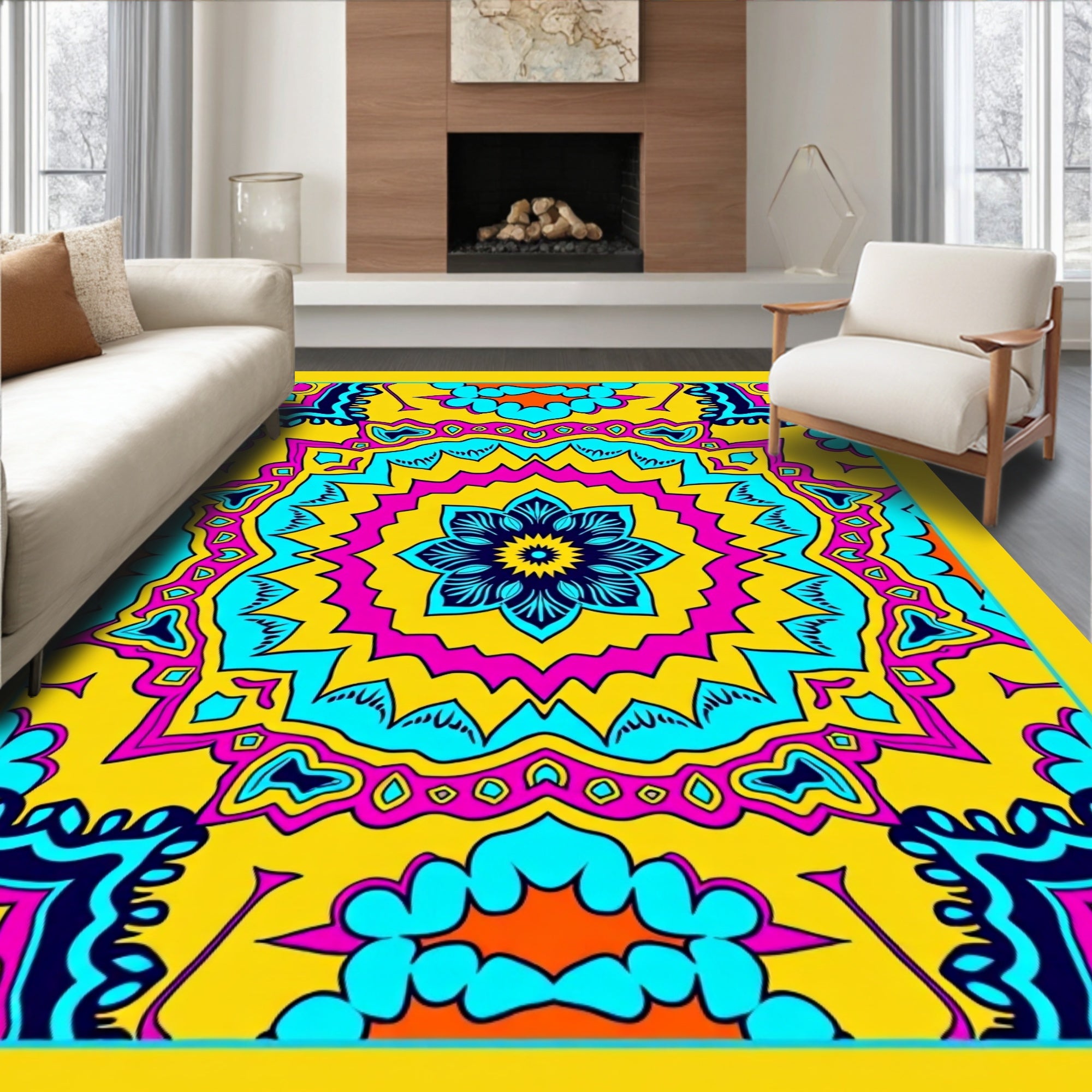 Vibrant Yellow Pink Blue Floral Mandala Rug