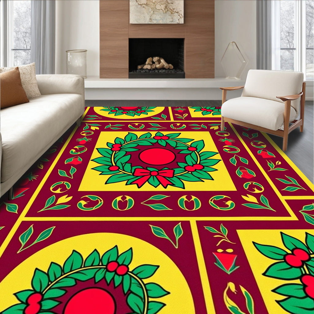 Bold Red Wreath Geometric Border Rug