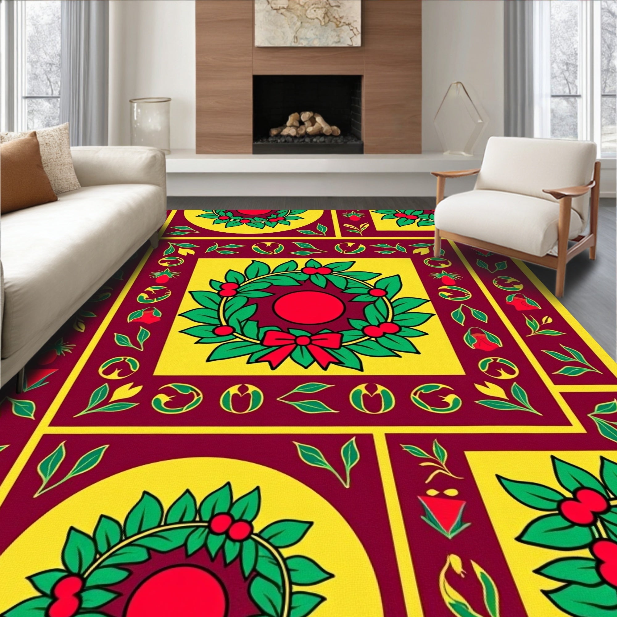 Bold Red Wreath Geometric Border Rug