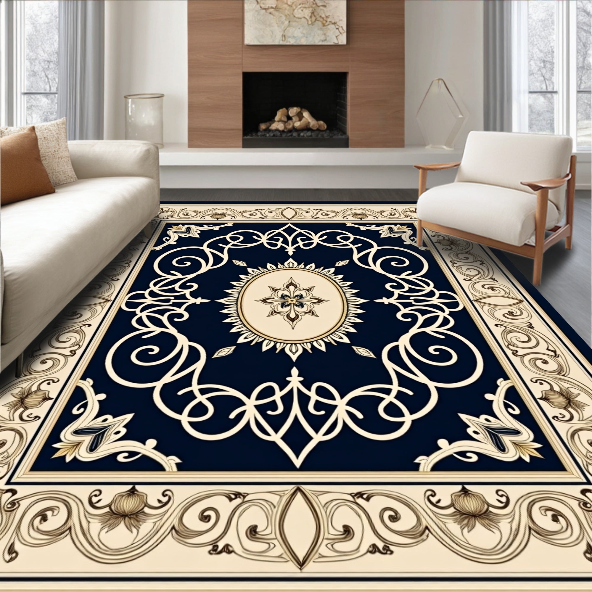 Elegant Navy Cream Floral Medallion Rug