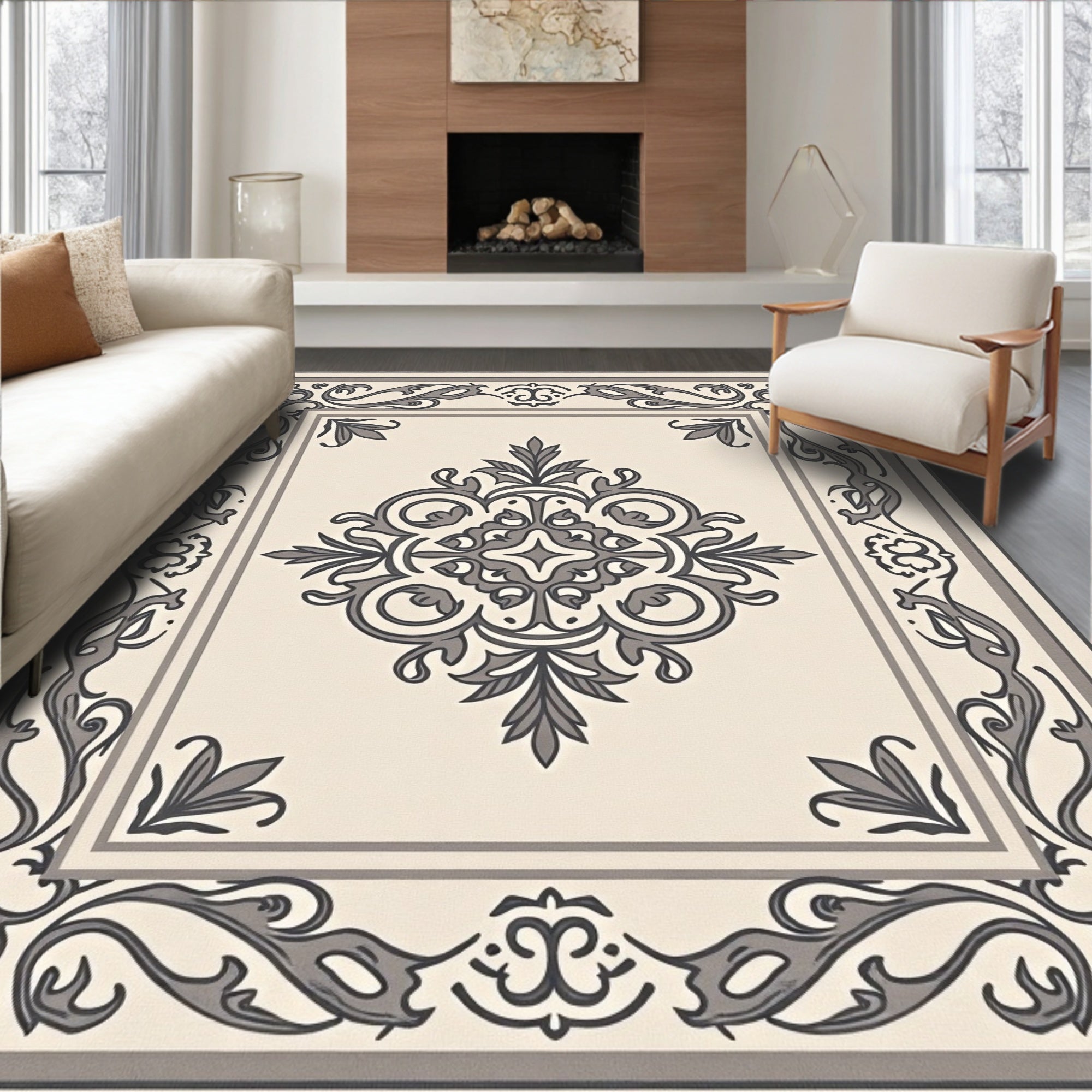Cream Gray Ornate Floral Medallion Rug