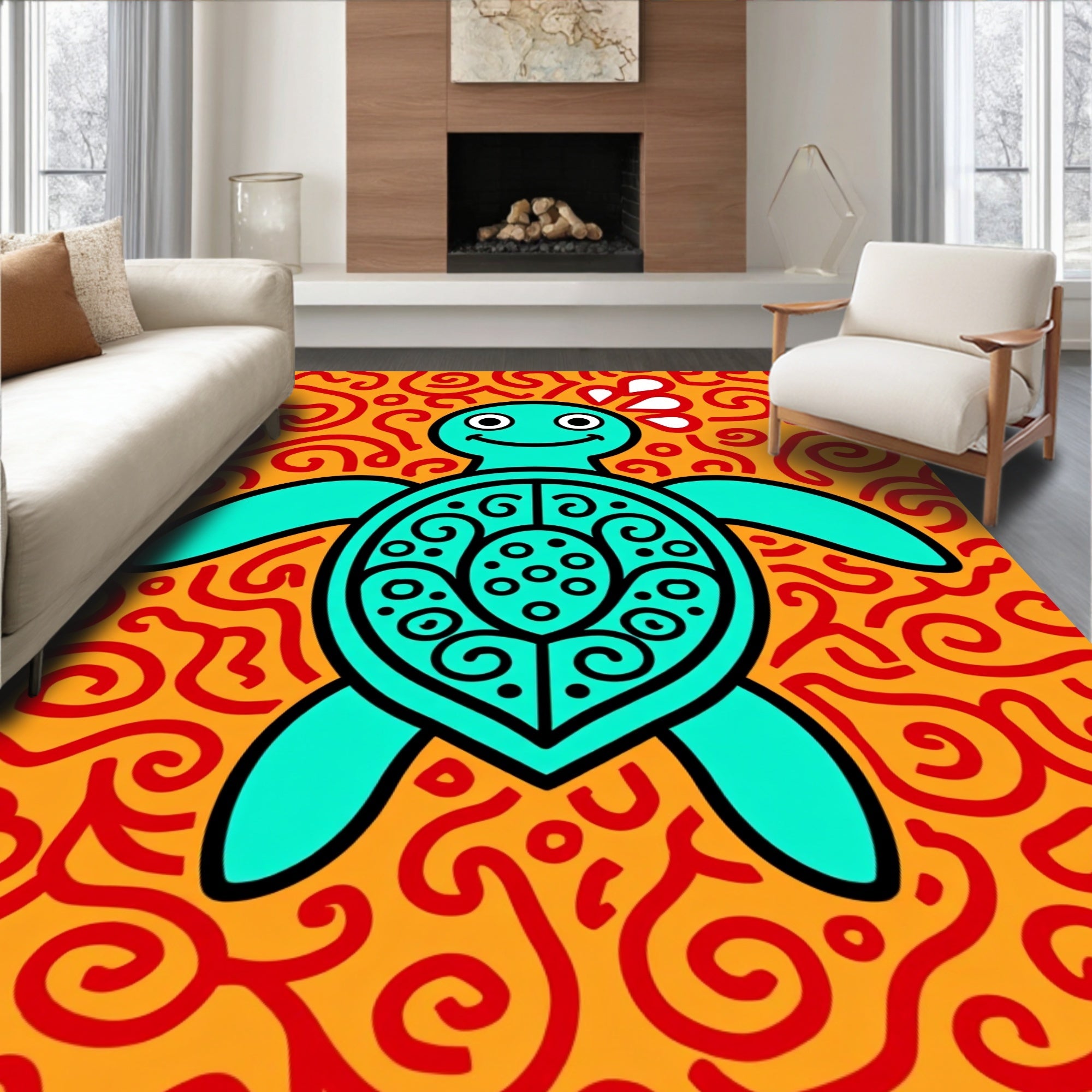 Turquoise Turtle Swirl Orange Rug