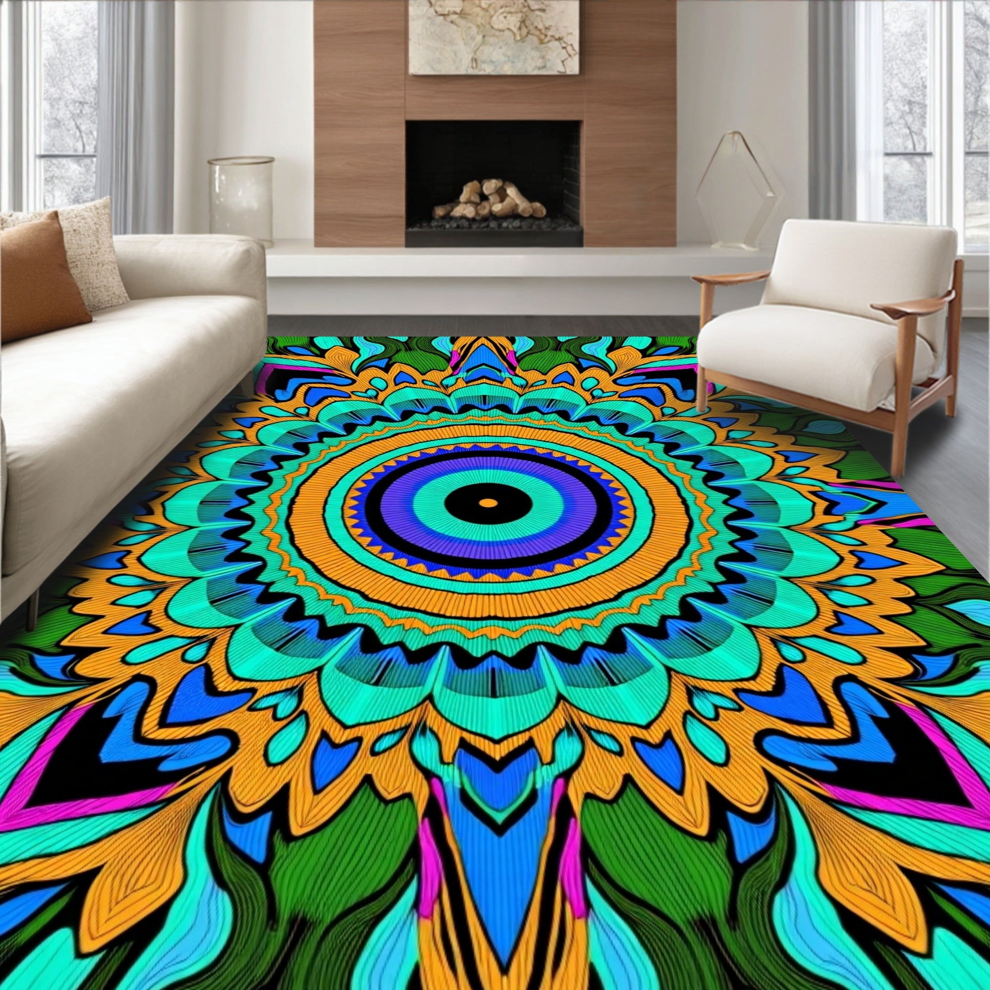 Vibrant Green Orange Mandala Art Rug