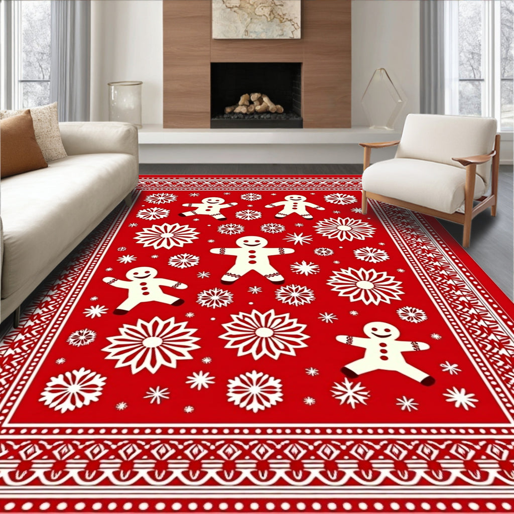 Festive Red Gingerbread Snowflakes Rug