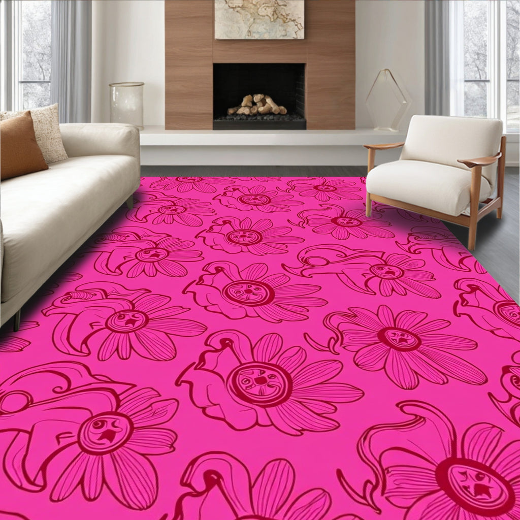 Vivid Pink Floral Outline Rug