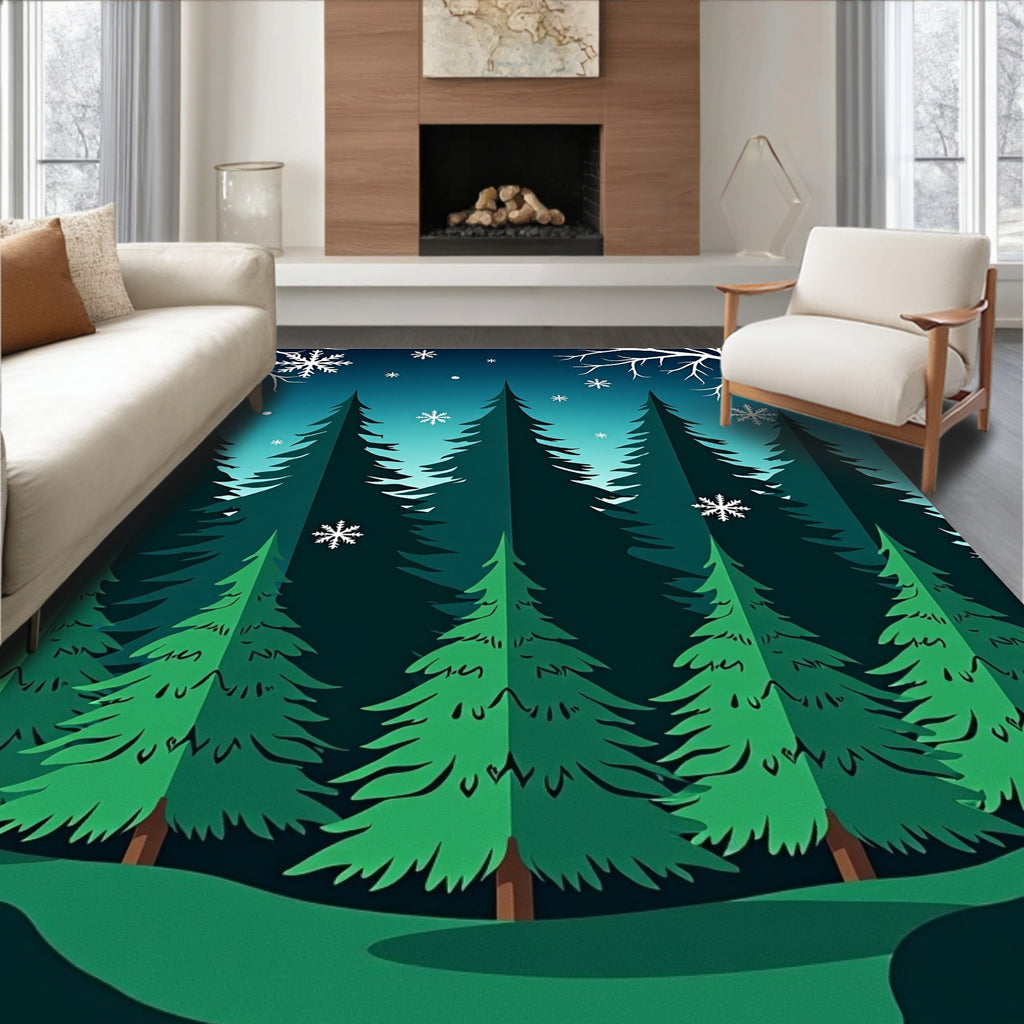 Deep Teal Winter Forest Snowflakes Rug