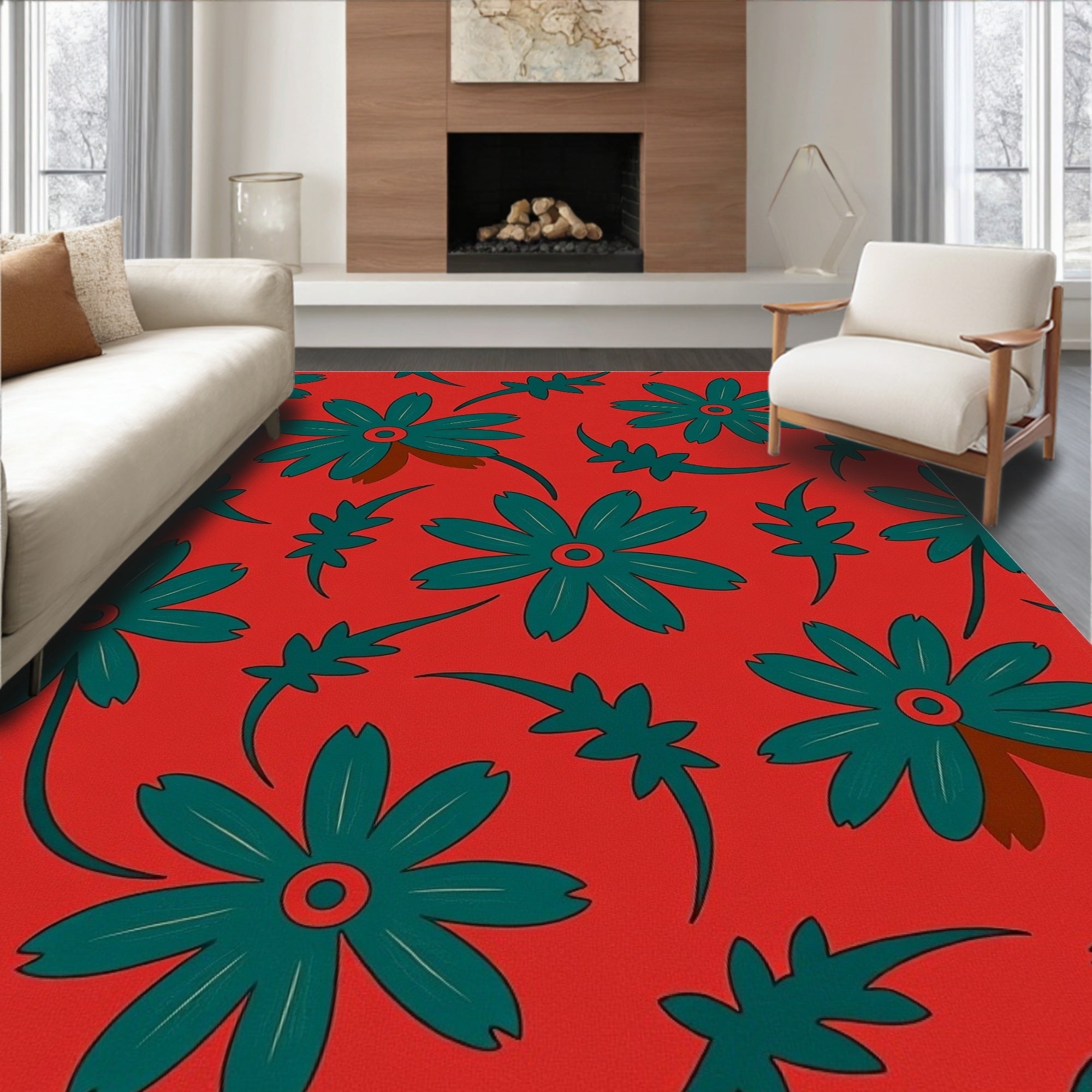 Bold Teal Floral Medallion Arrangement Rug
