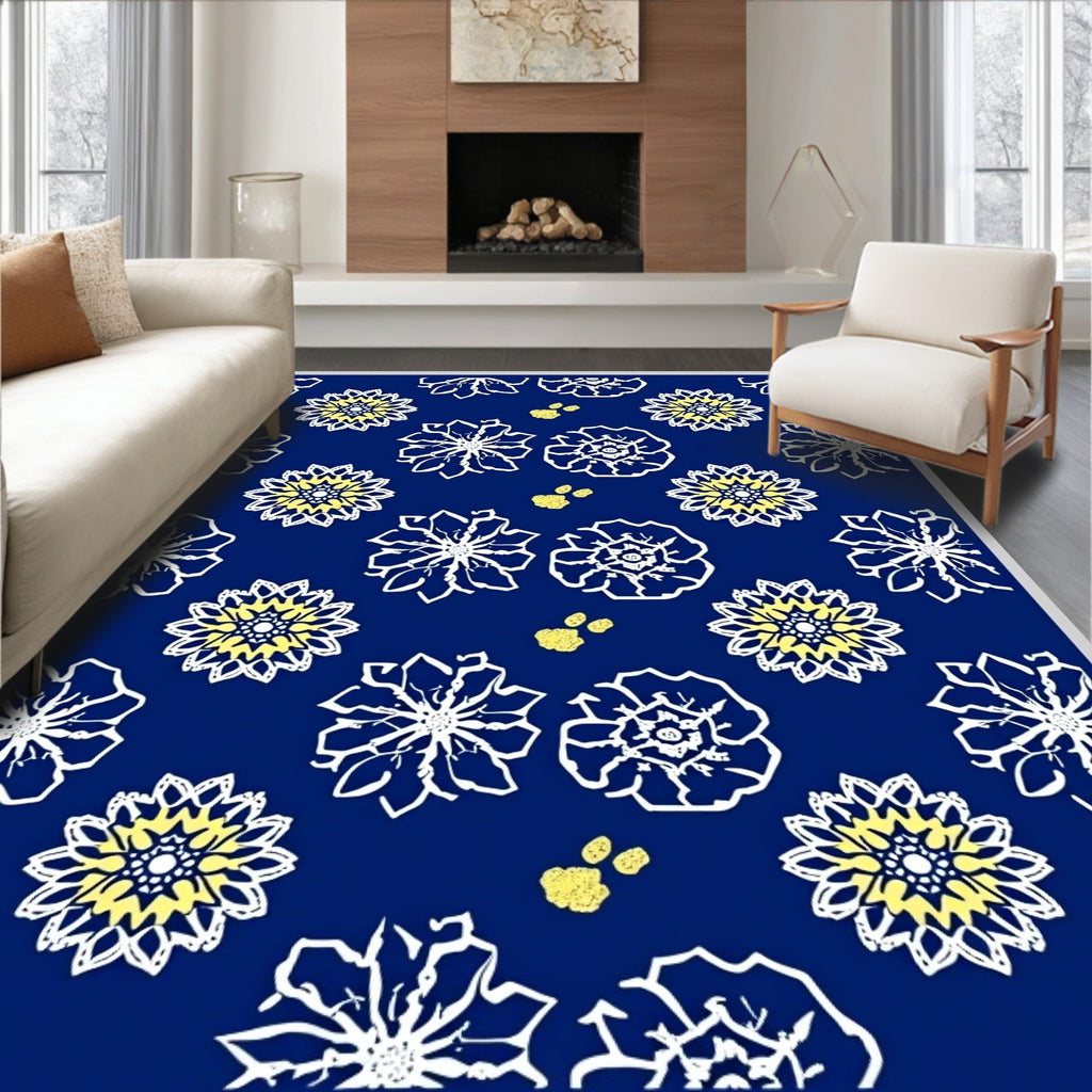 Navy Blue Floral Medallion Yellow Accents Rug