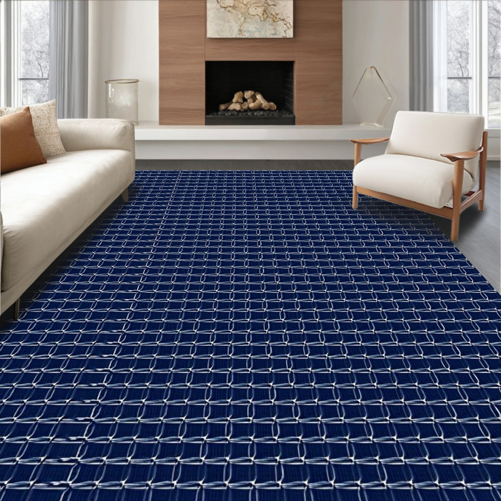 Deep Blue Geometric Interlocking Squares Rug