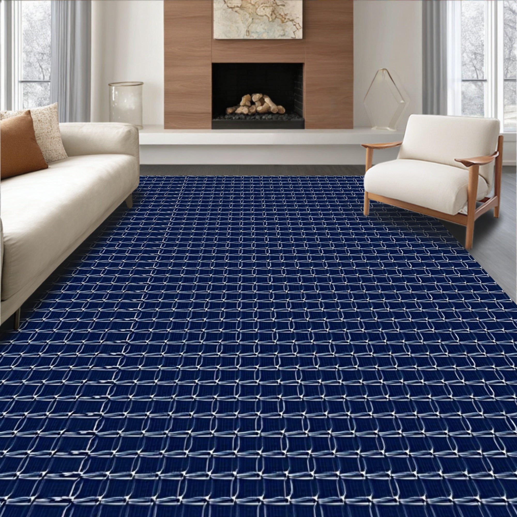 Deep Blue Geometric Interlocking Squares Rug