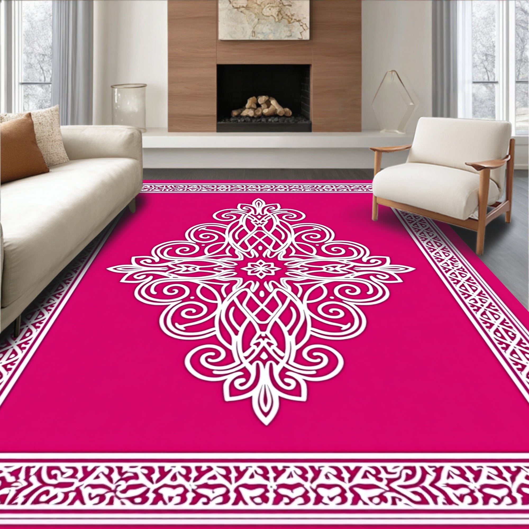 Vibrant Pink White Central Medallion Rug