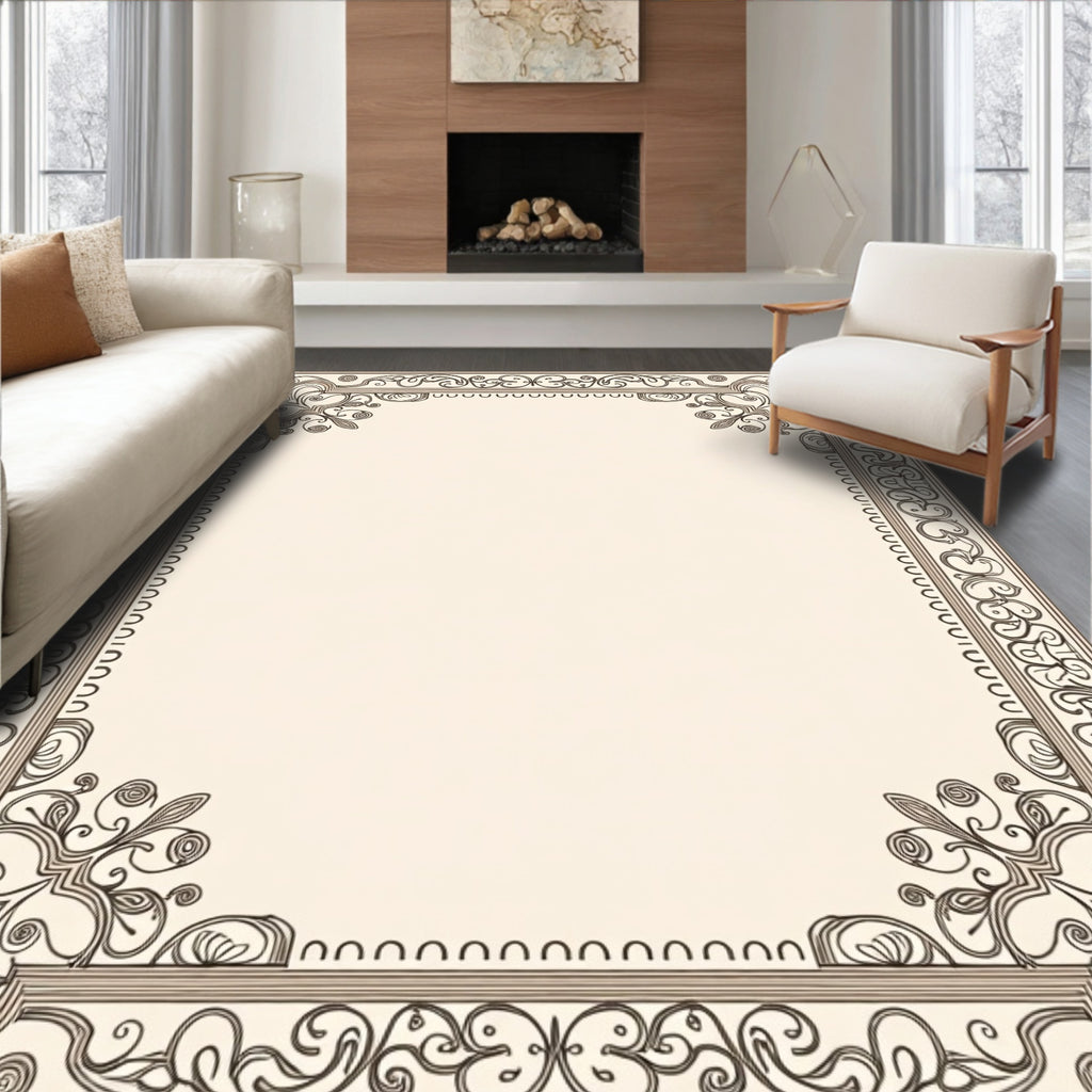 Ornate cream and brown scroll border Rug