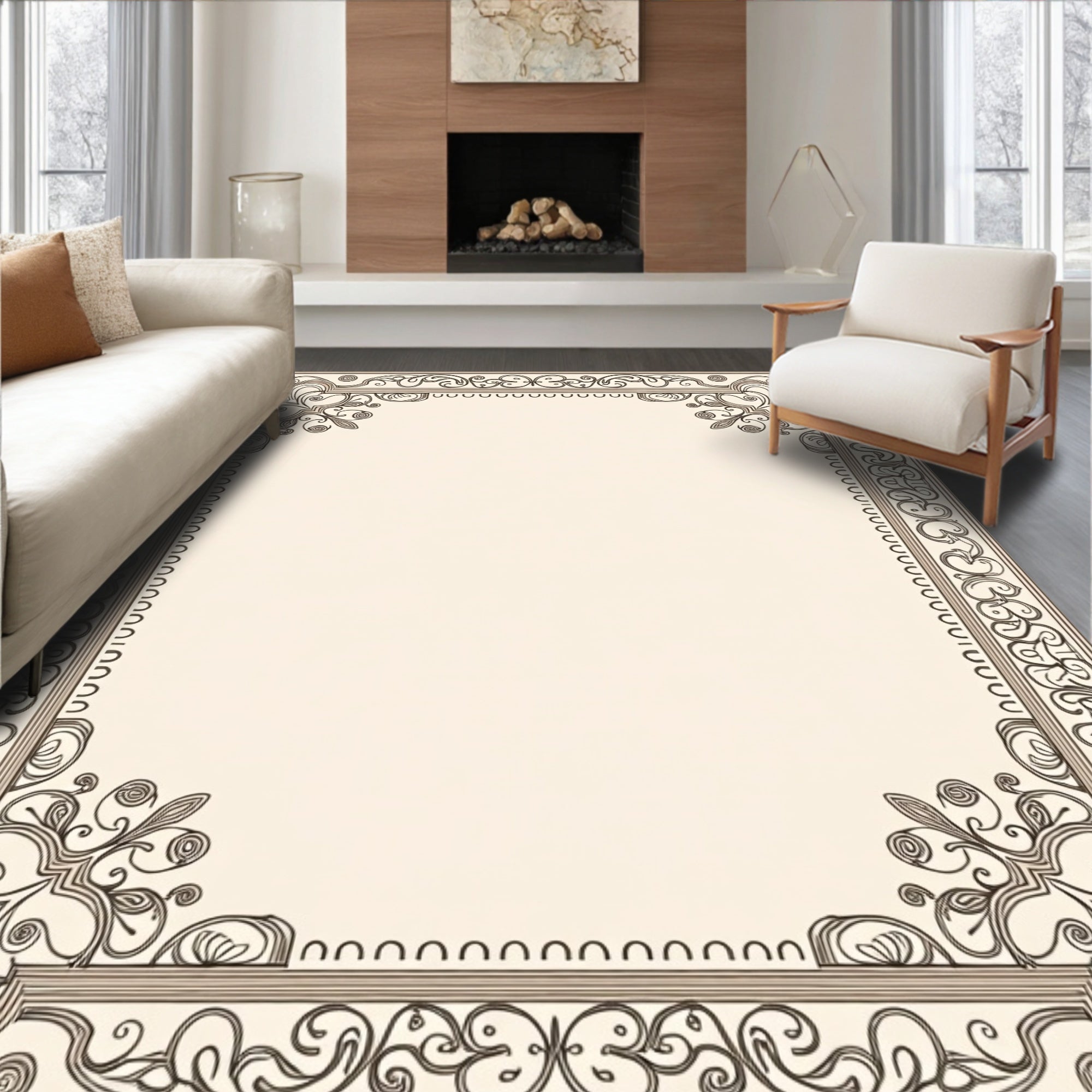 Ornate cream and brown scroll border Rug