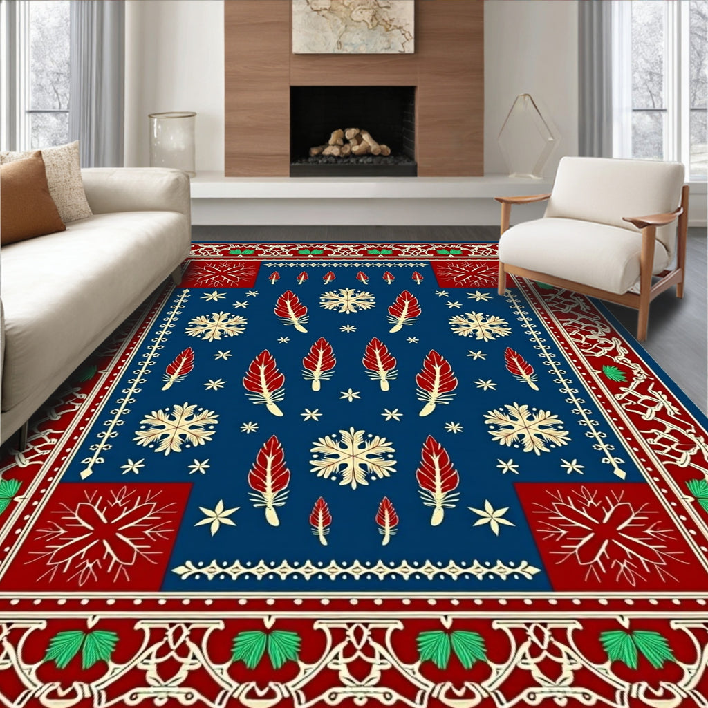 Deep Blue Red Feather Snowflake Border Rug