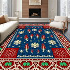 Deep Blue Red Feather Snowflake Border Rug