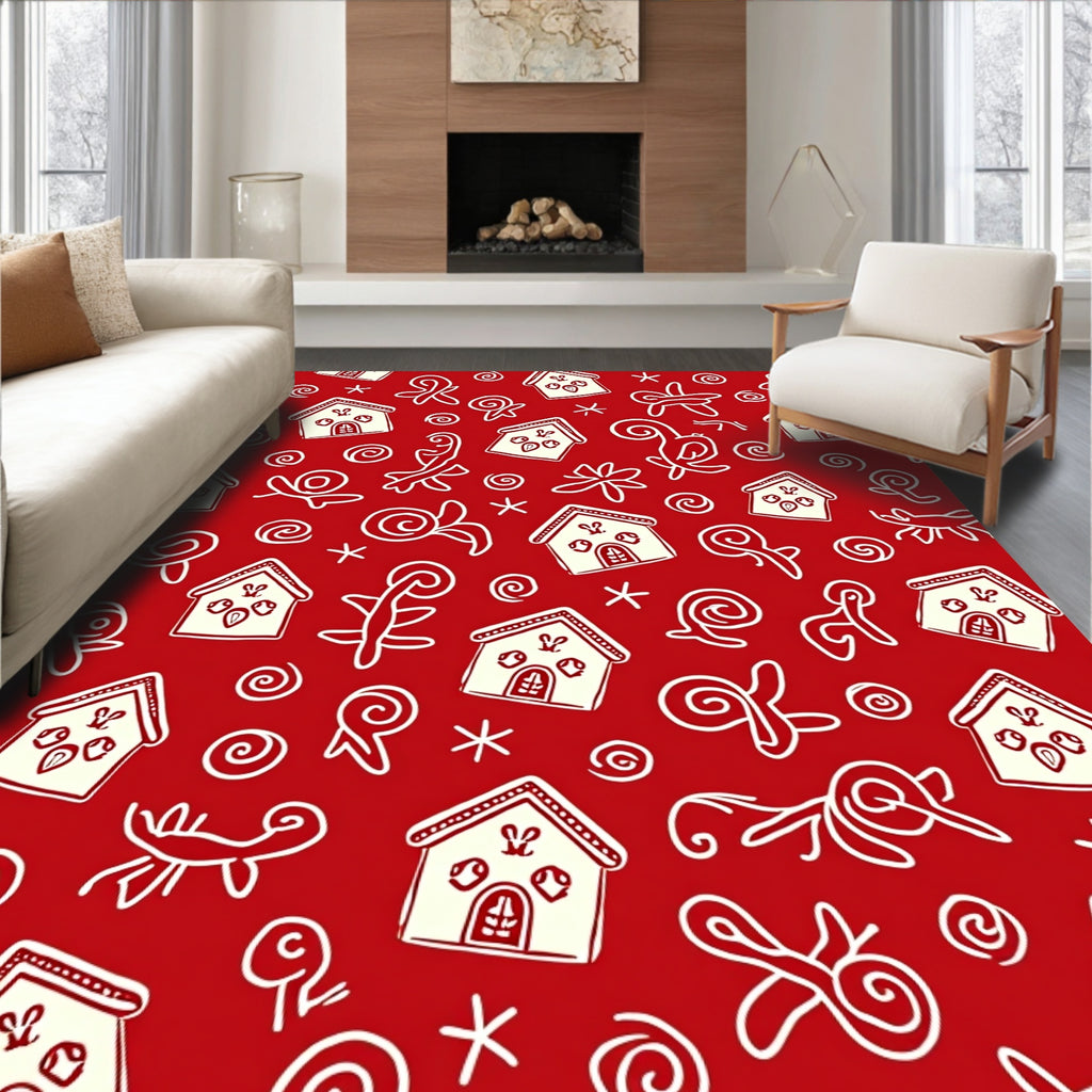Red Cream Whimsical Gingerbread Houses Rug