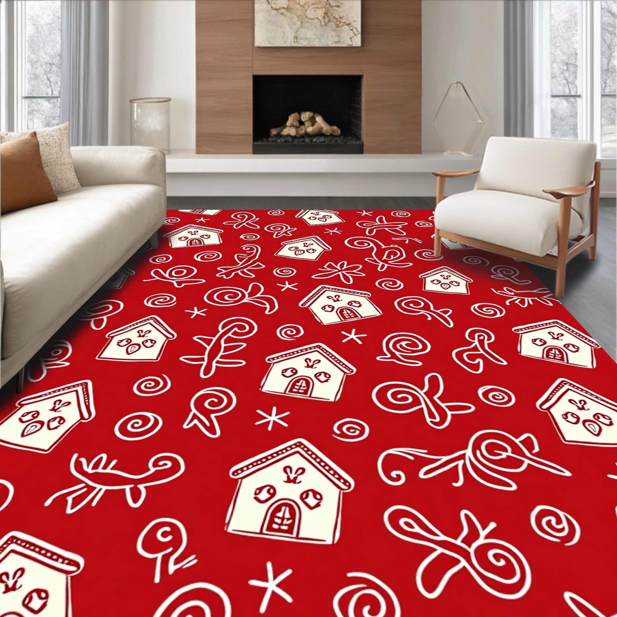 Red Cream Whimsical Gingerbread Houses Rug