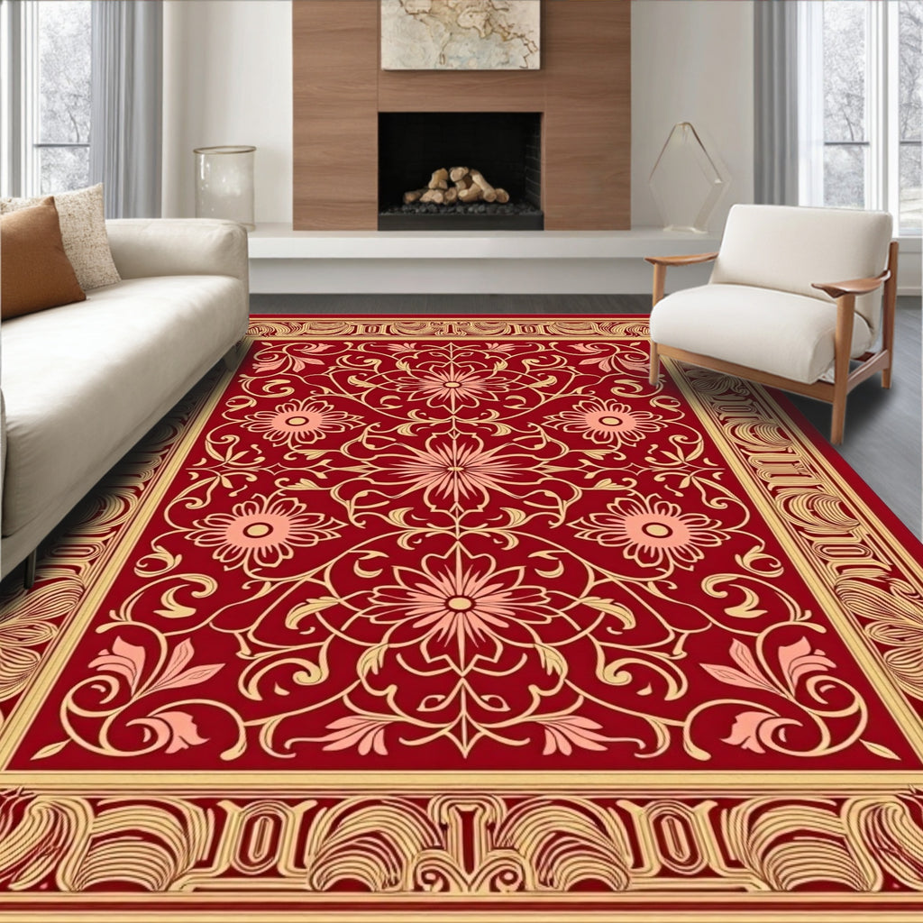Crimson Floral Scrollwork Rug