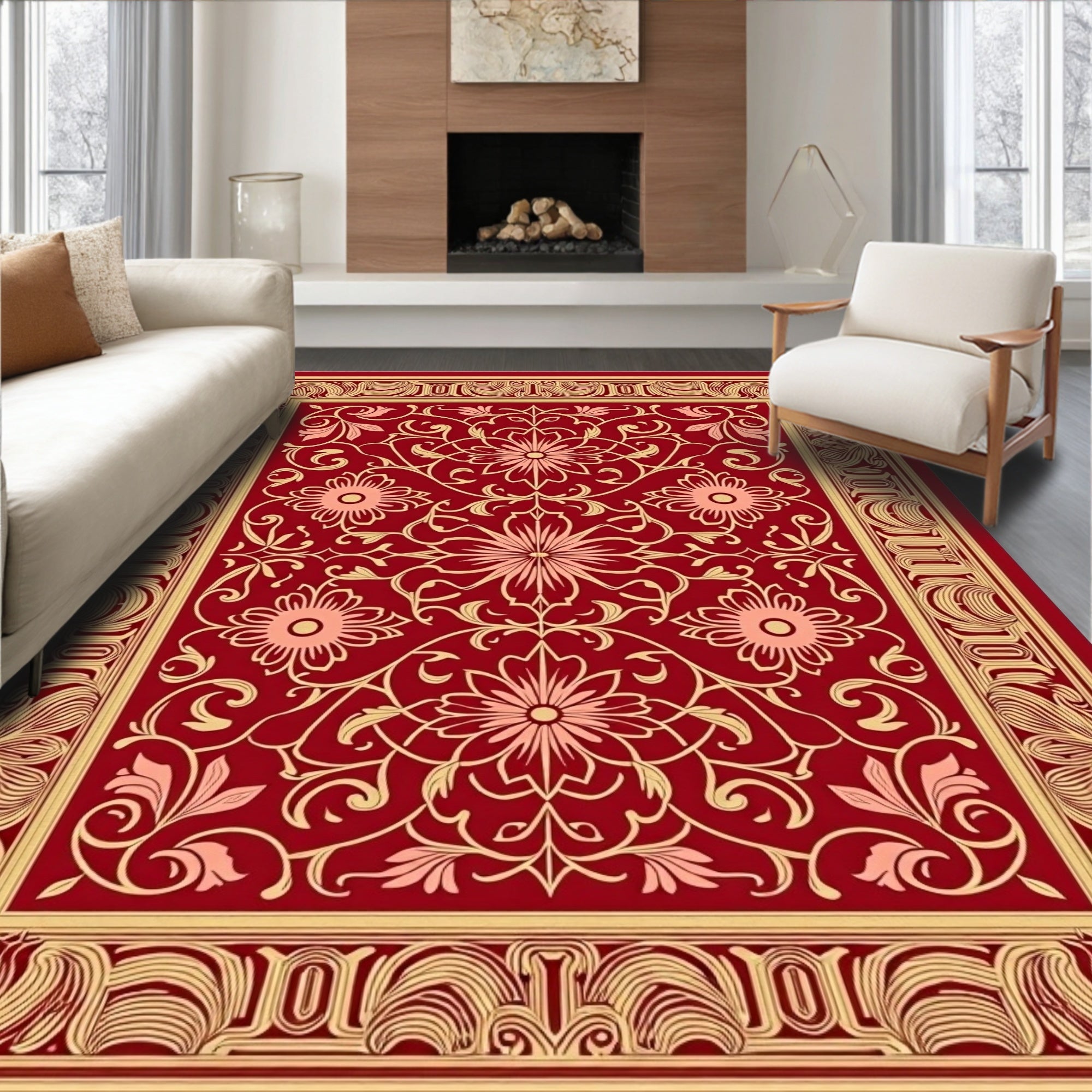 Crimson Floral Scrollwork Rug