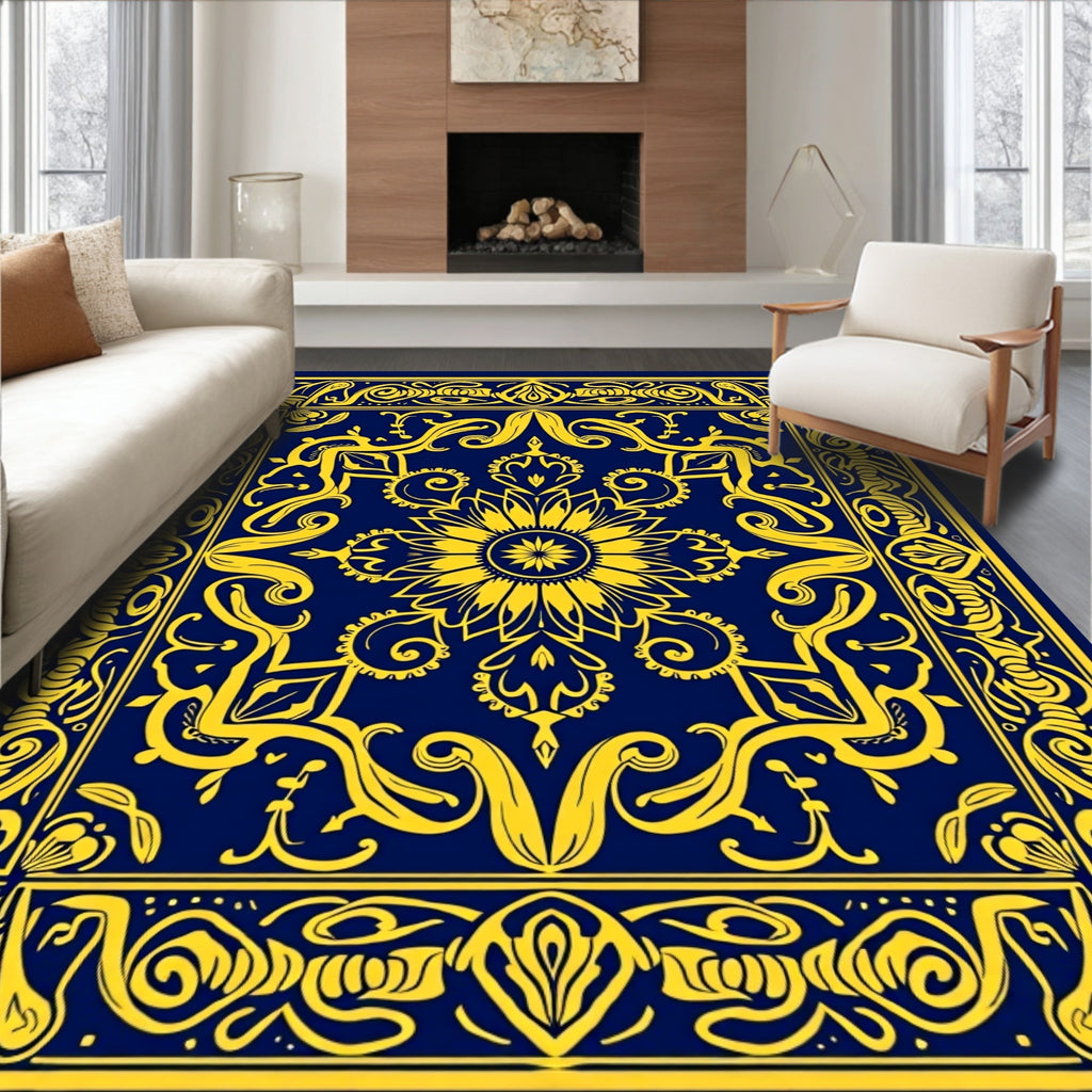 Golden Sunflower Medallion Navy Rug