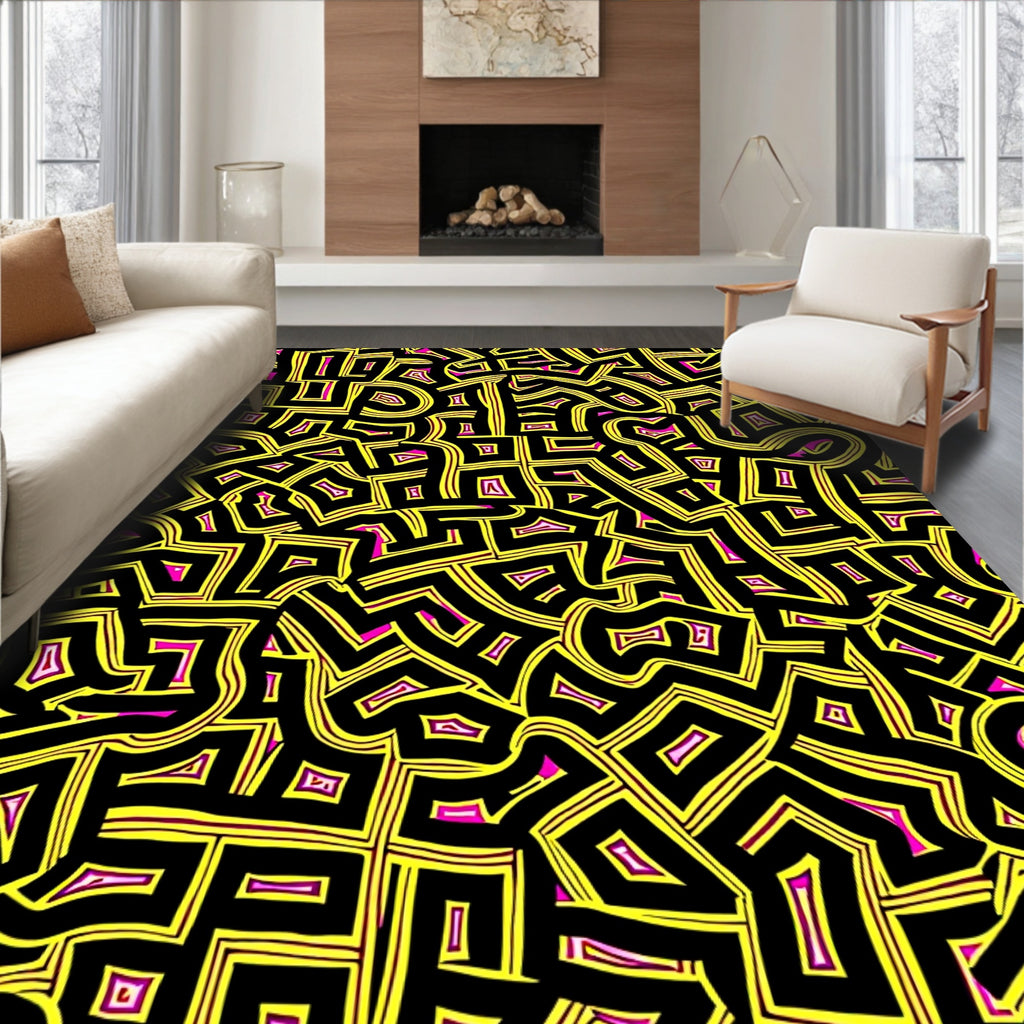 Vibrant Yellow Black Maze Rug