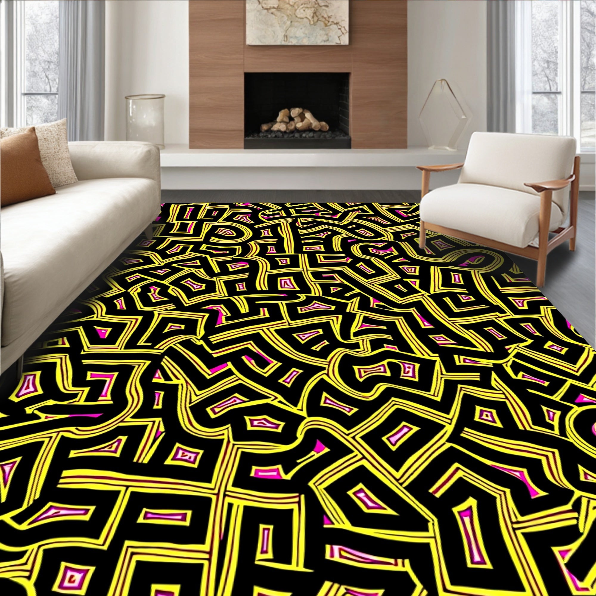 Vibrant Yellow Black Maze Rug