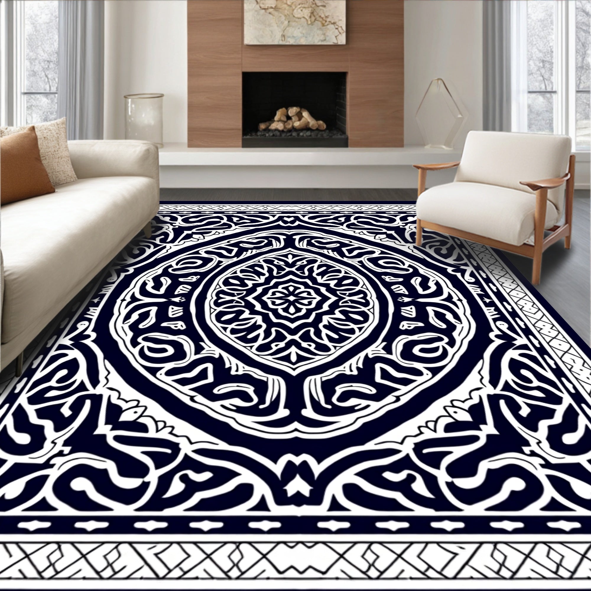 Dark Blue White Intricate Mandala Rug