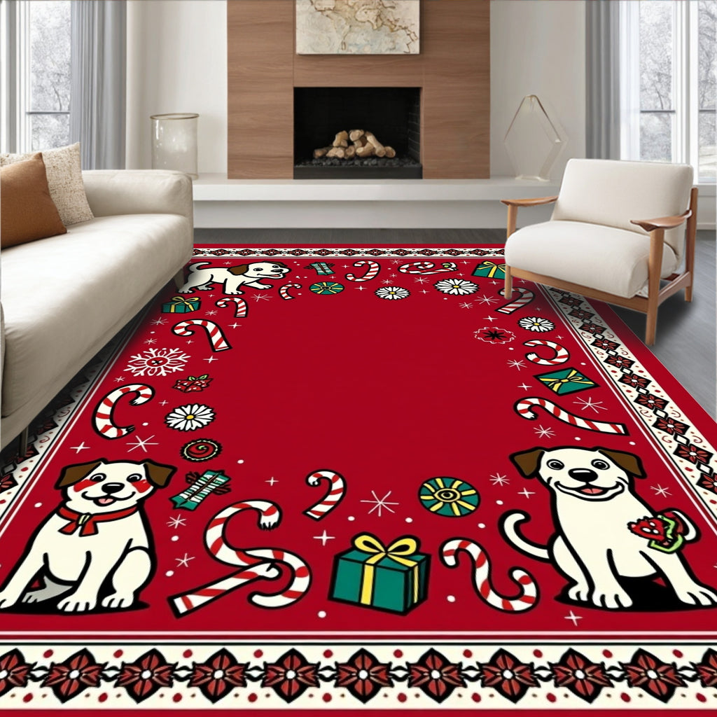 Red Merry Dogs Candy Canes Gifts Rug