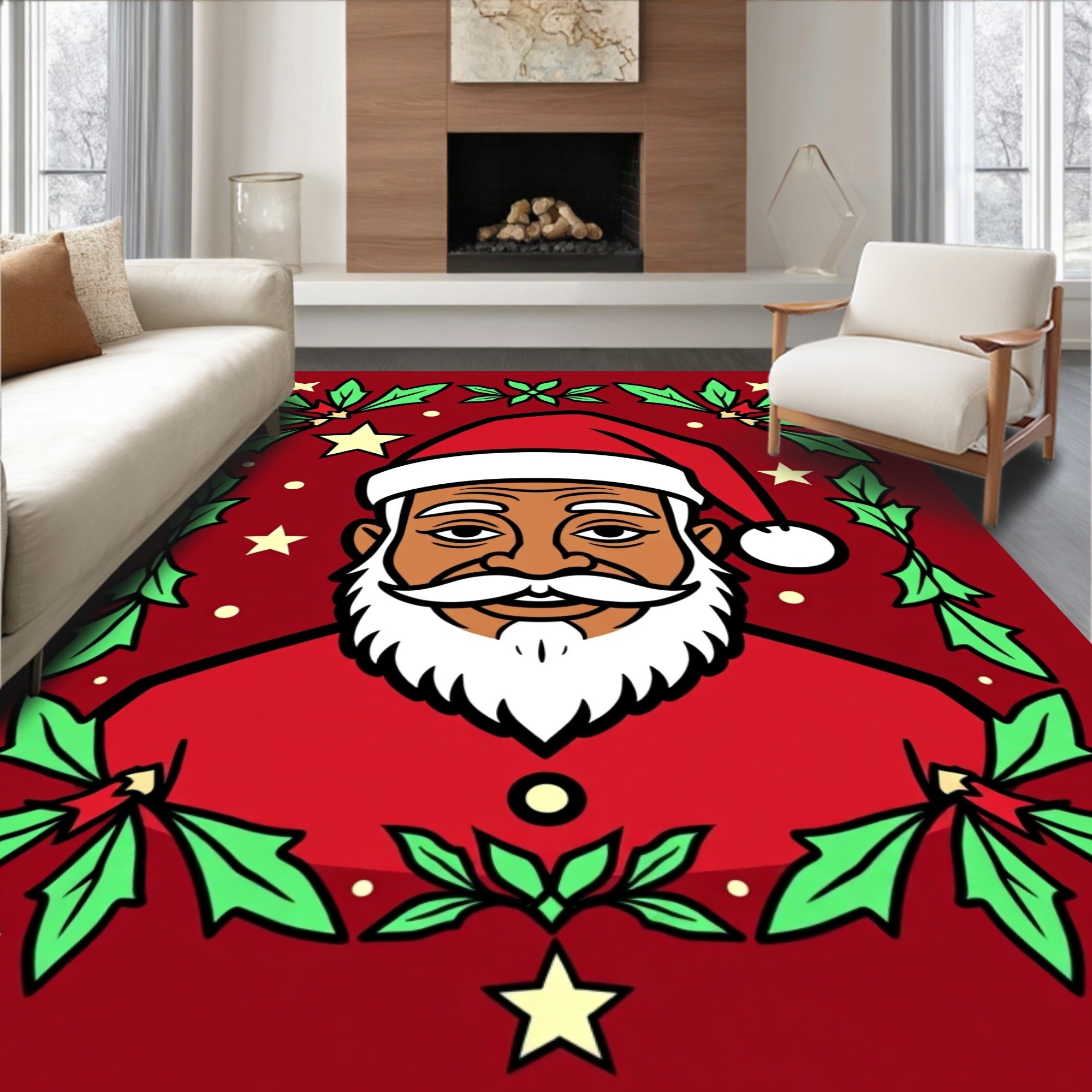 Festive Santa Claus Holly Star Rug