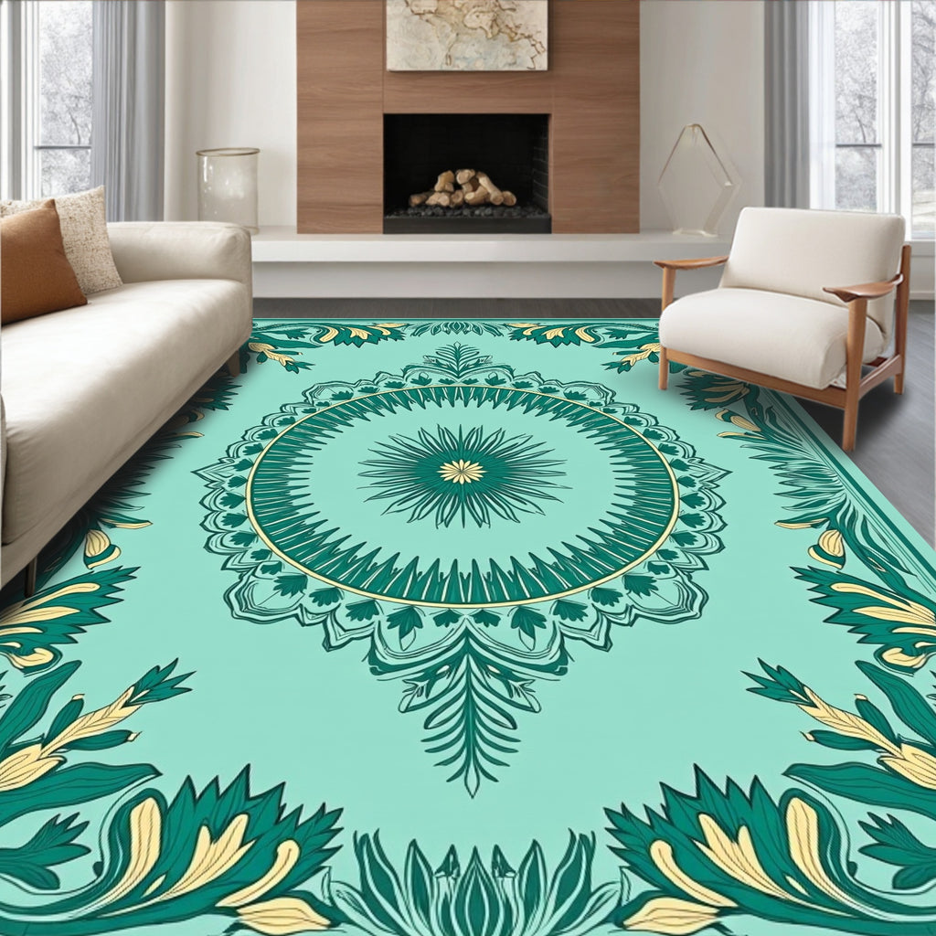Teal Green Floral Medallion Frame Rug