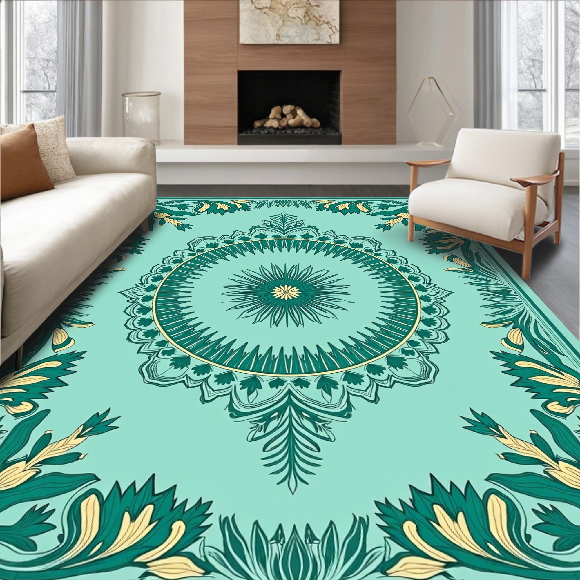 Teal Green Floral Medallion Frame Rug