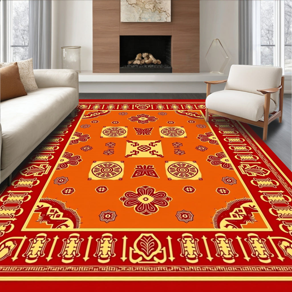 Vibrant Red Orange Geometric Medallion Rug