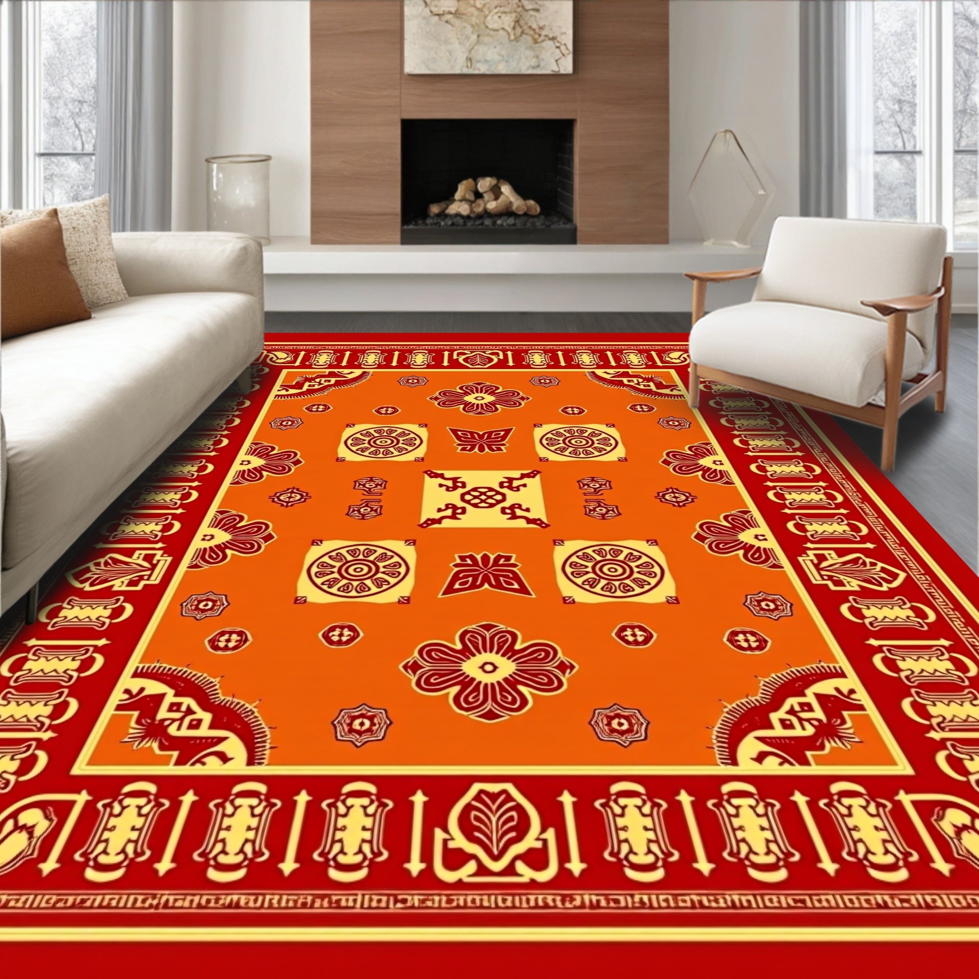Vibrant Red Orange Geometric Medallion Rug