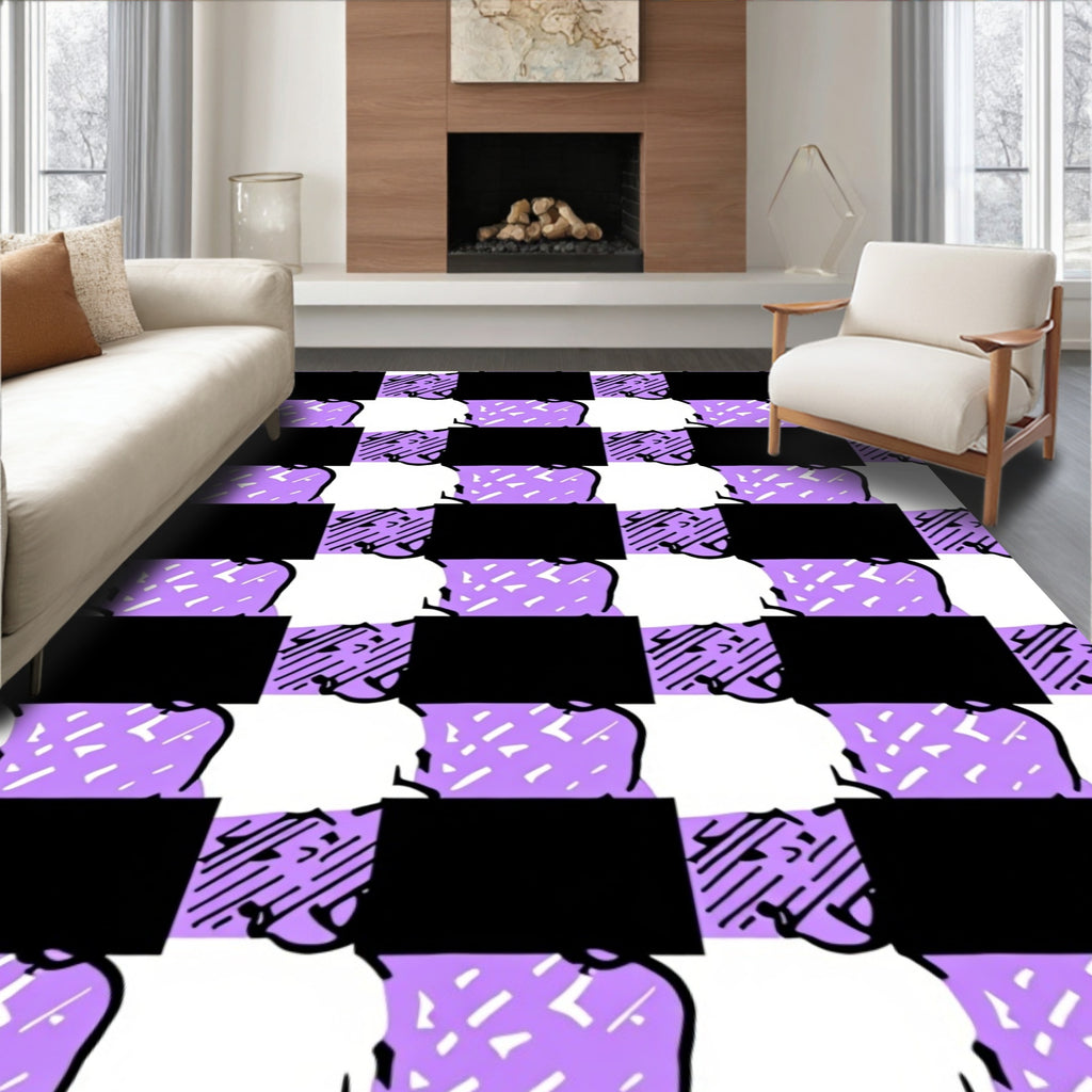Lavender Black Checkerboard Abstract Shapes Rug