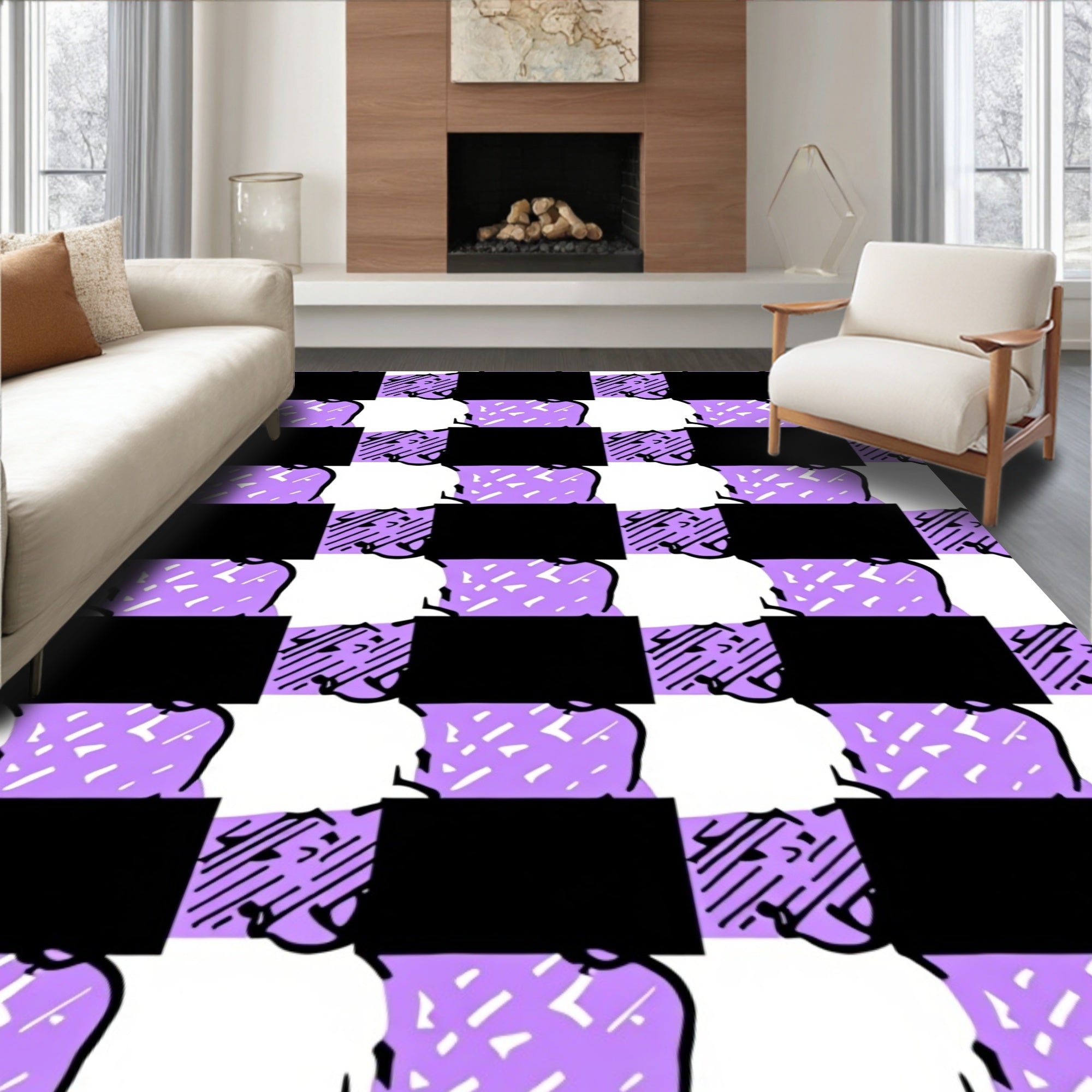 Lavender Black Checkerboard Abstract Shapes Rug