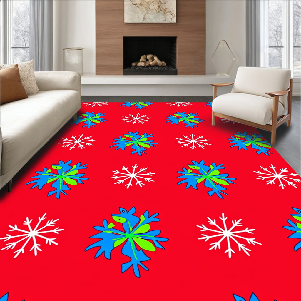 Bright Blue Green Red Snowflakes Rug