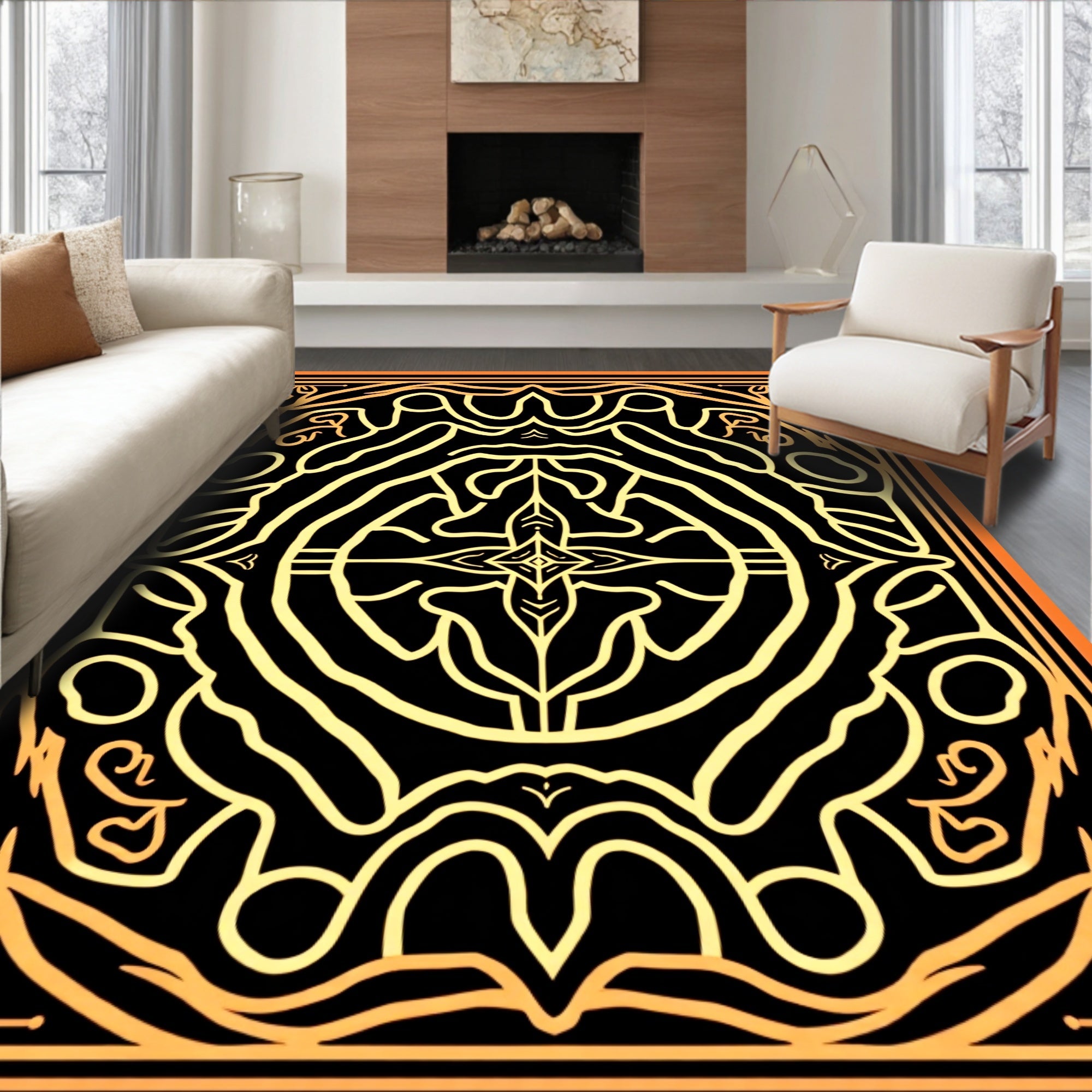 Golden Black Intricate Tribal Medallion Rug