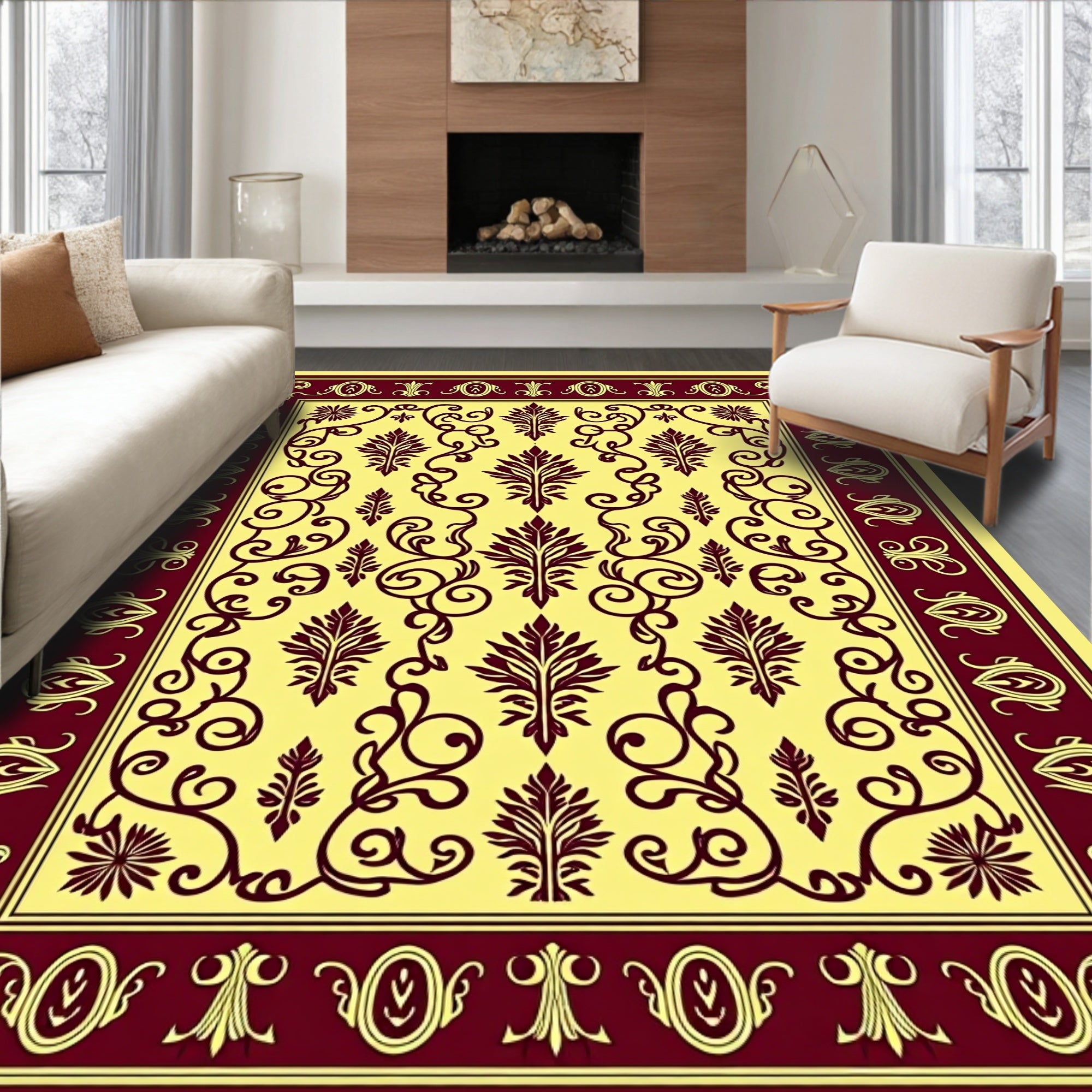 Deep Red Floral Damask Ivory Lattice Rug