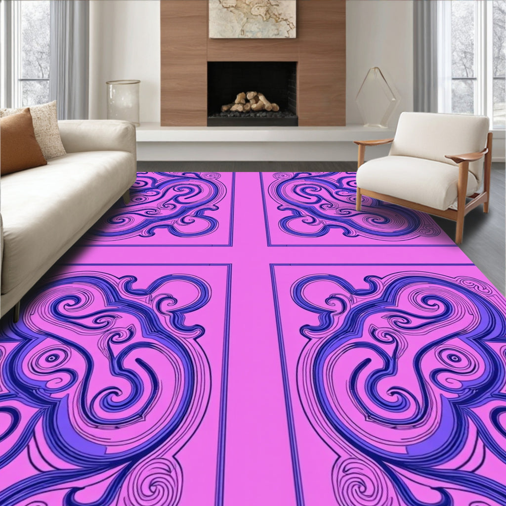 Ornate Pink Blue Swirl medallions Rug