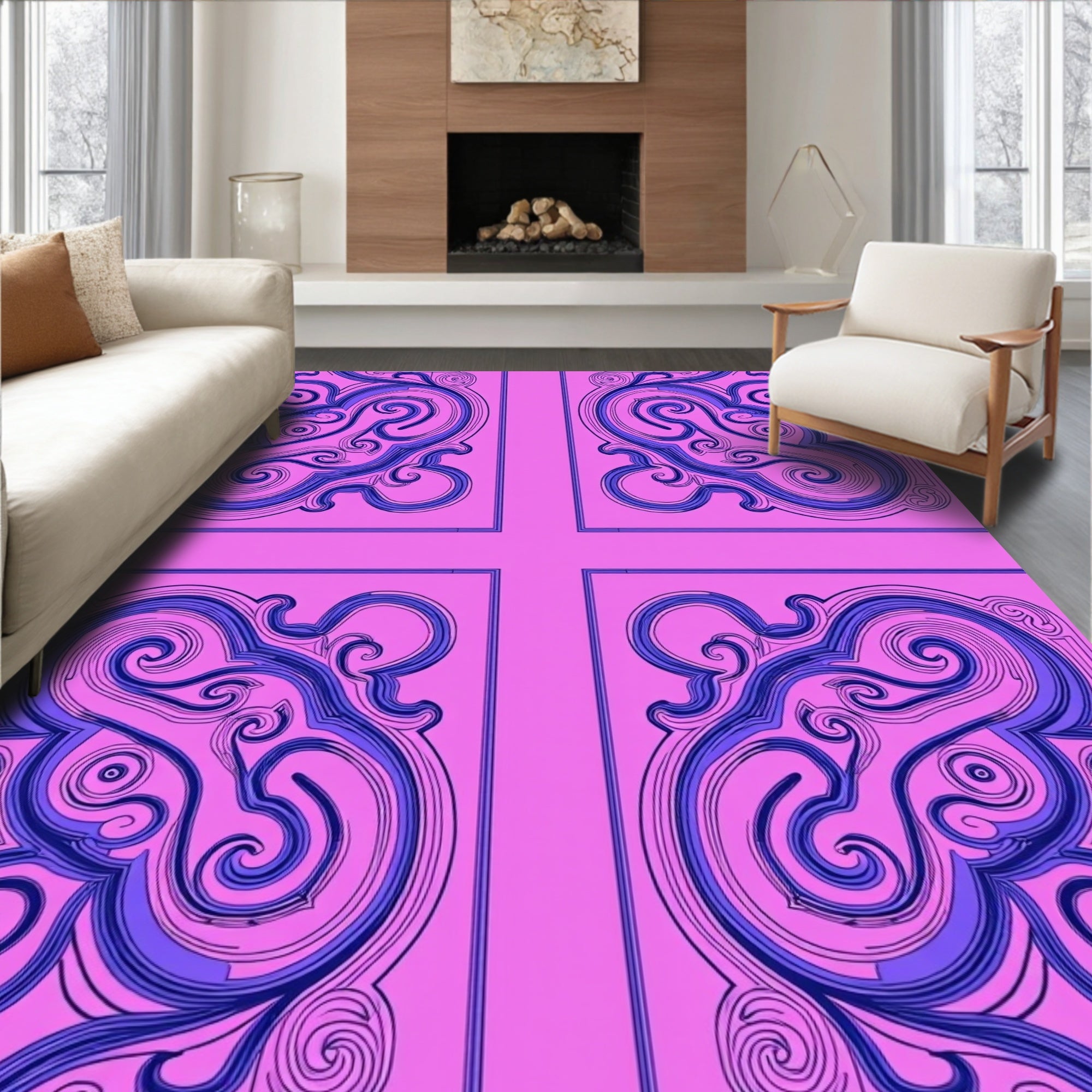 Ornate Pink Blue Swirl medallions Rug
