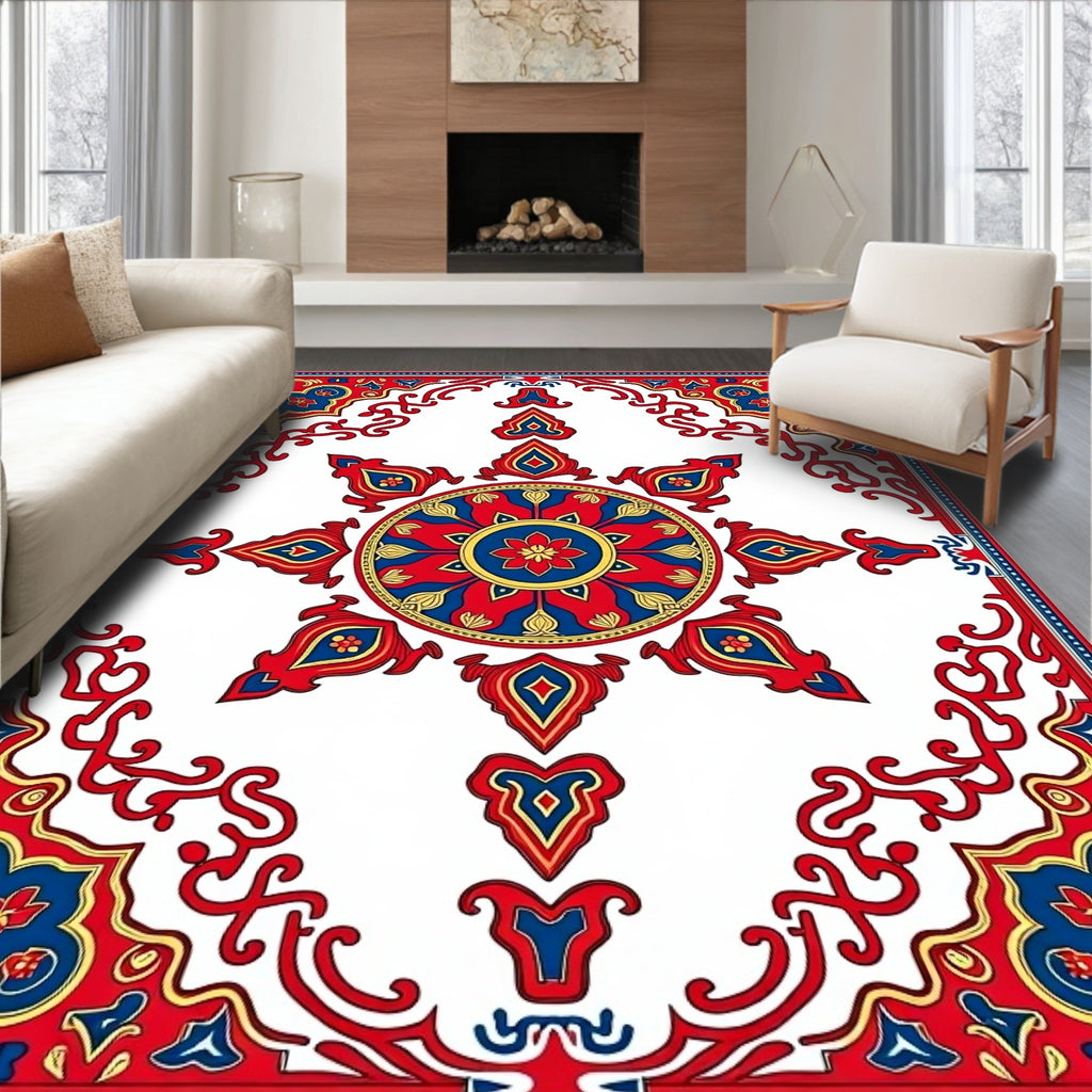 Vibrant Red Blue Floral Sunburst Medallion Rug