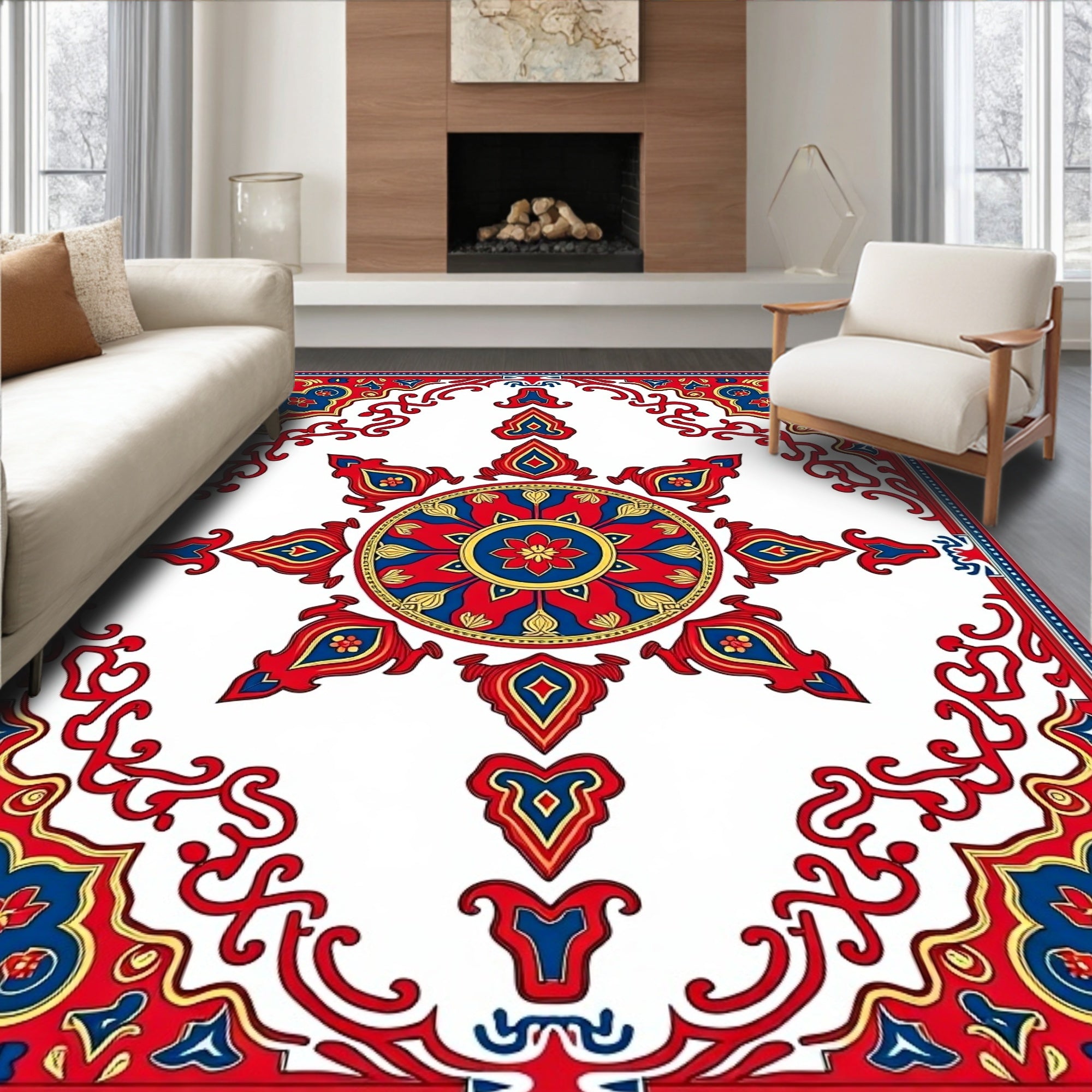 Vibrant Red Blue Floral Sunburst Medallion Rug