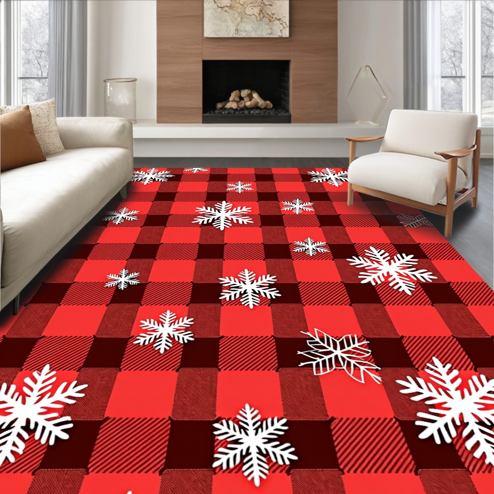 Crisp Crimson Gingham Snowflakes Rug