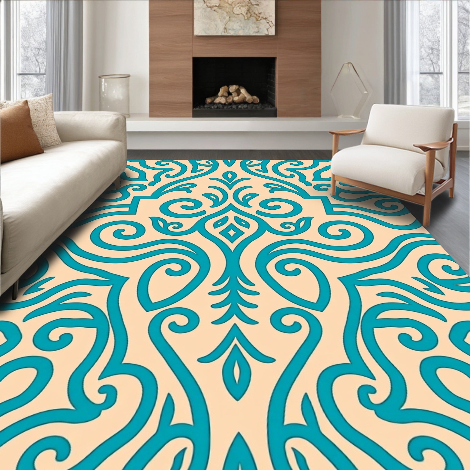 Teal Coral Swirls Damask Rug