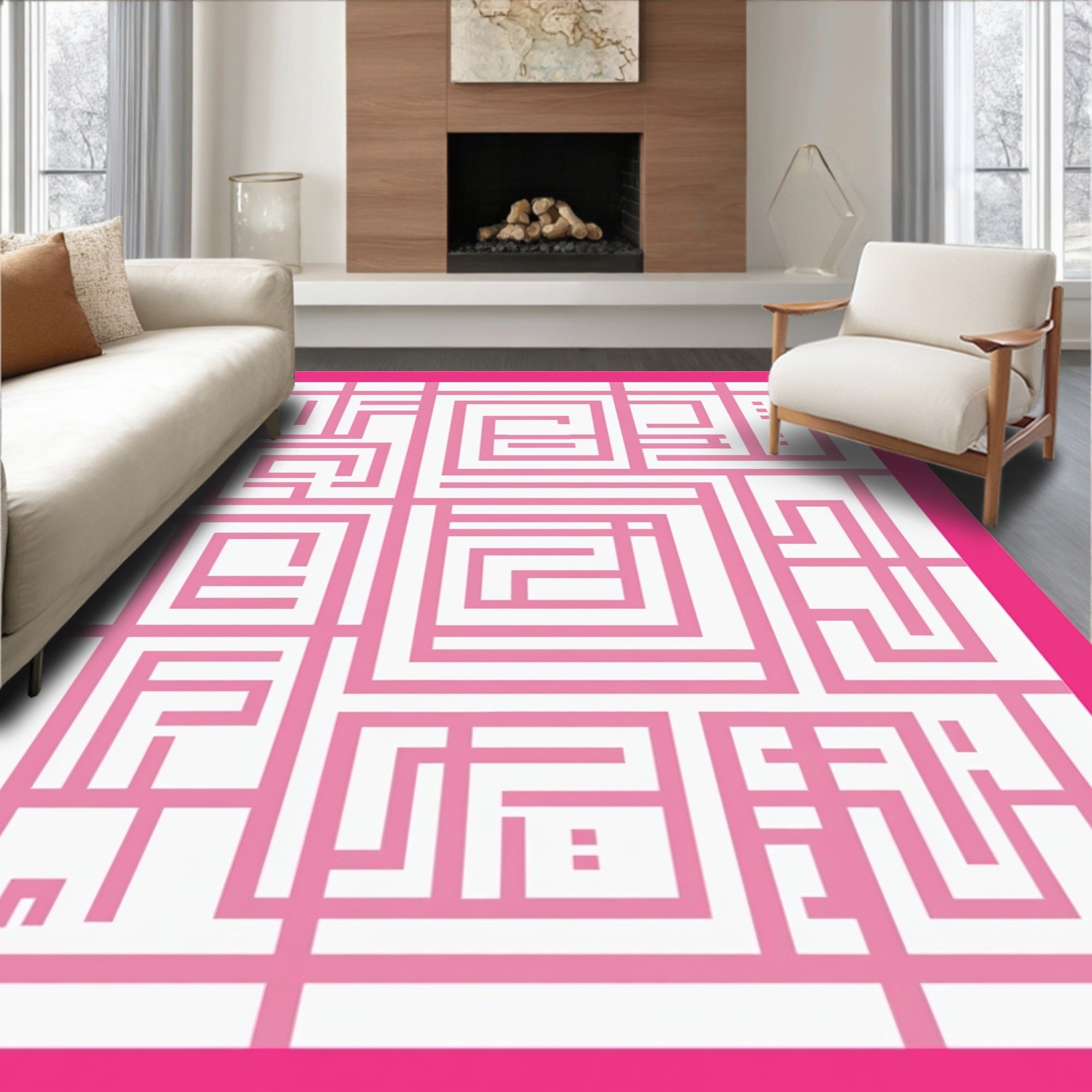 Pink Geometric Labyrinth Square Rug
