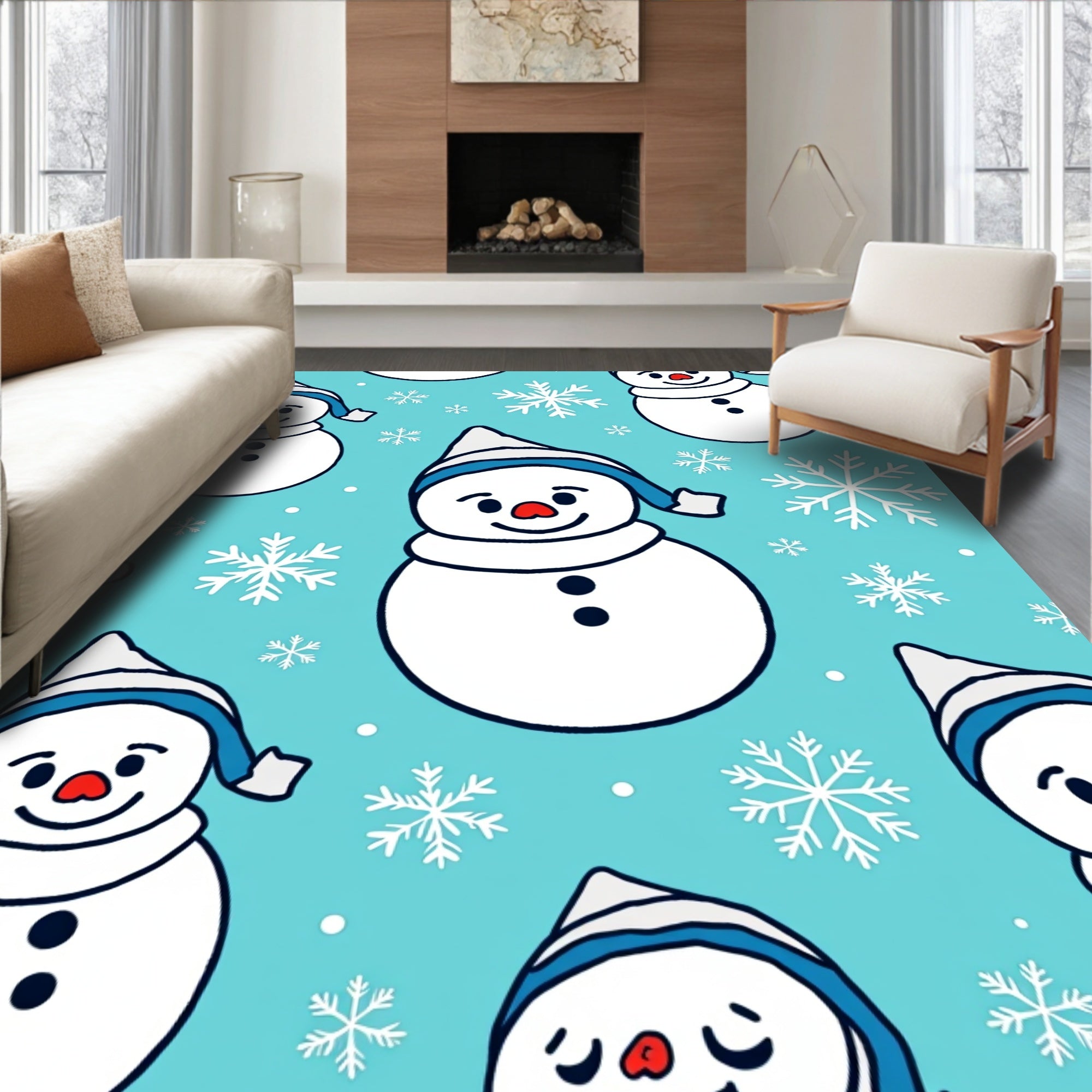 Cute Snowman Snowflakes Winter Scene Rug