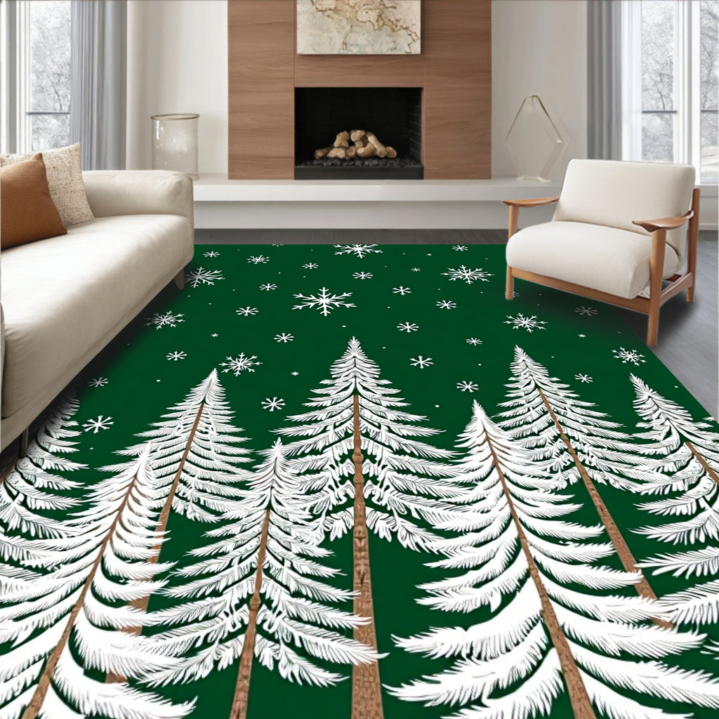 Dark Green White Snowy Pine Forest Rug