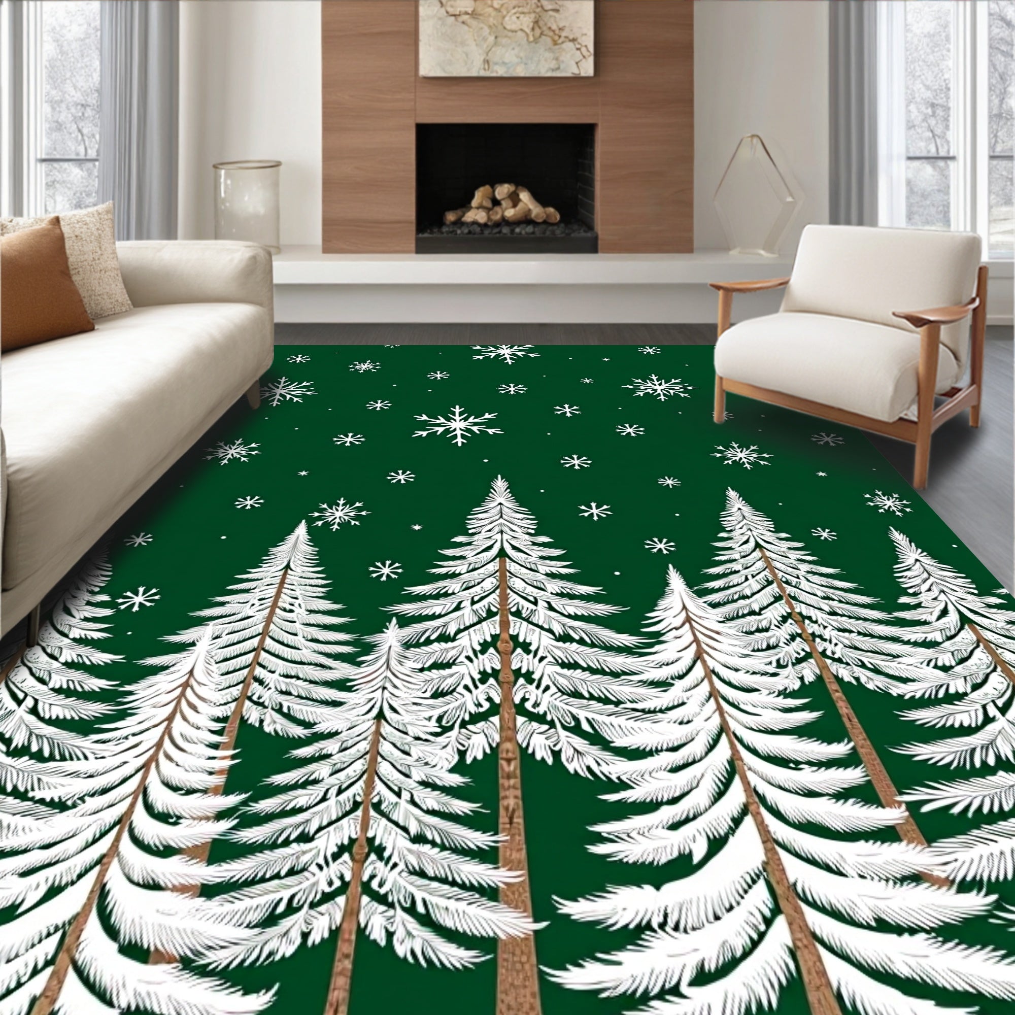 Dark Green White Snowy Pine Forest Rug